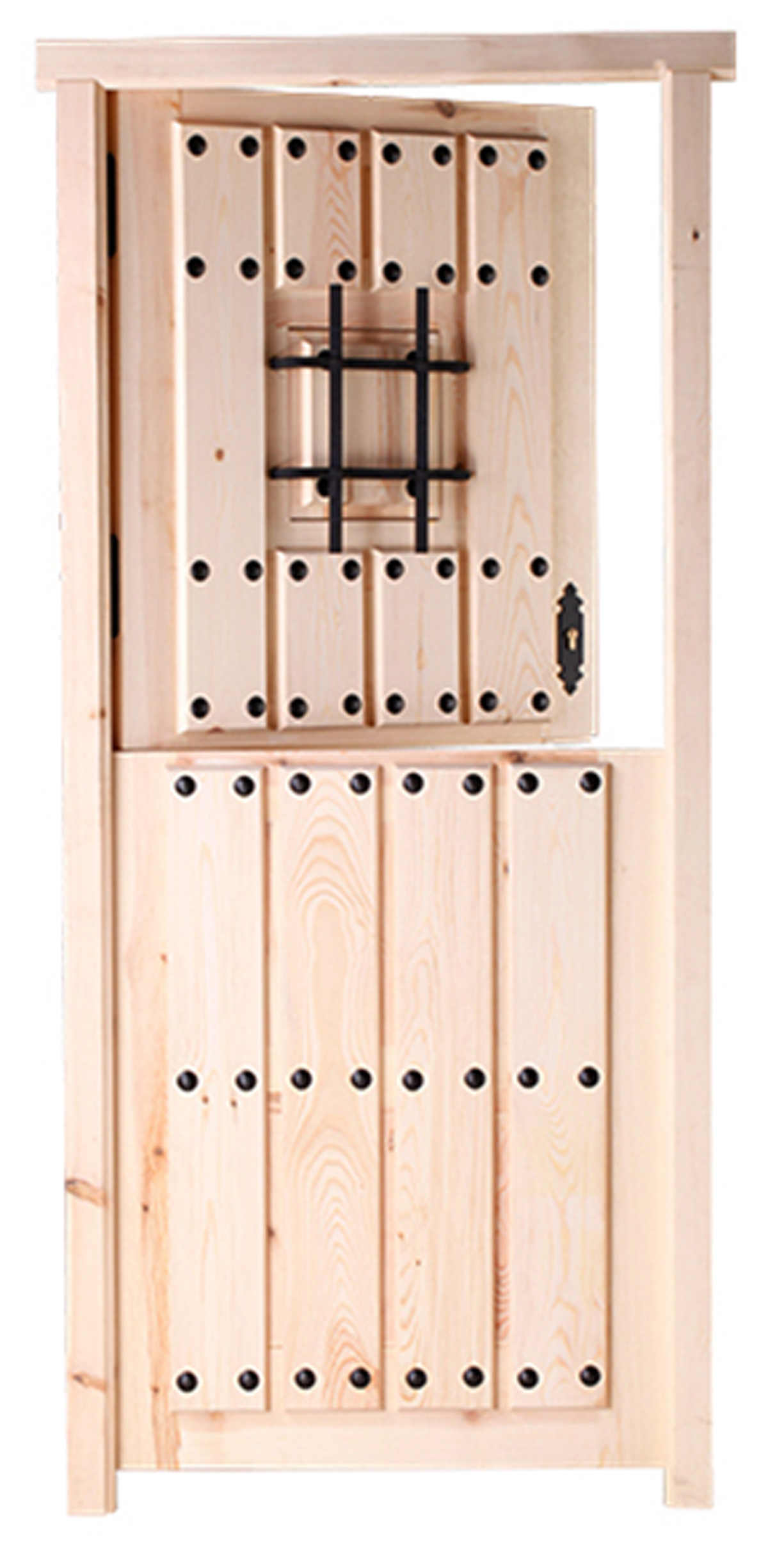Puerta de entrada madera pino partida con reja diseño rústico color pino apertura izquierda 210x95cm - 14