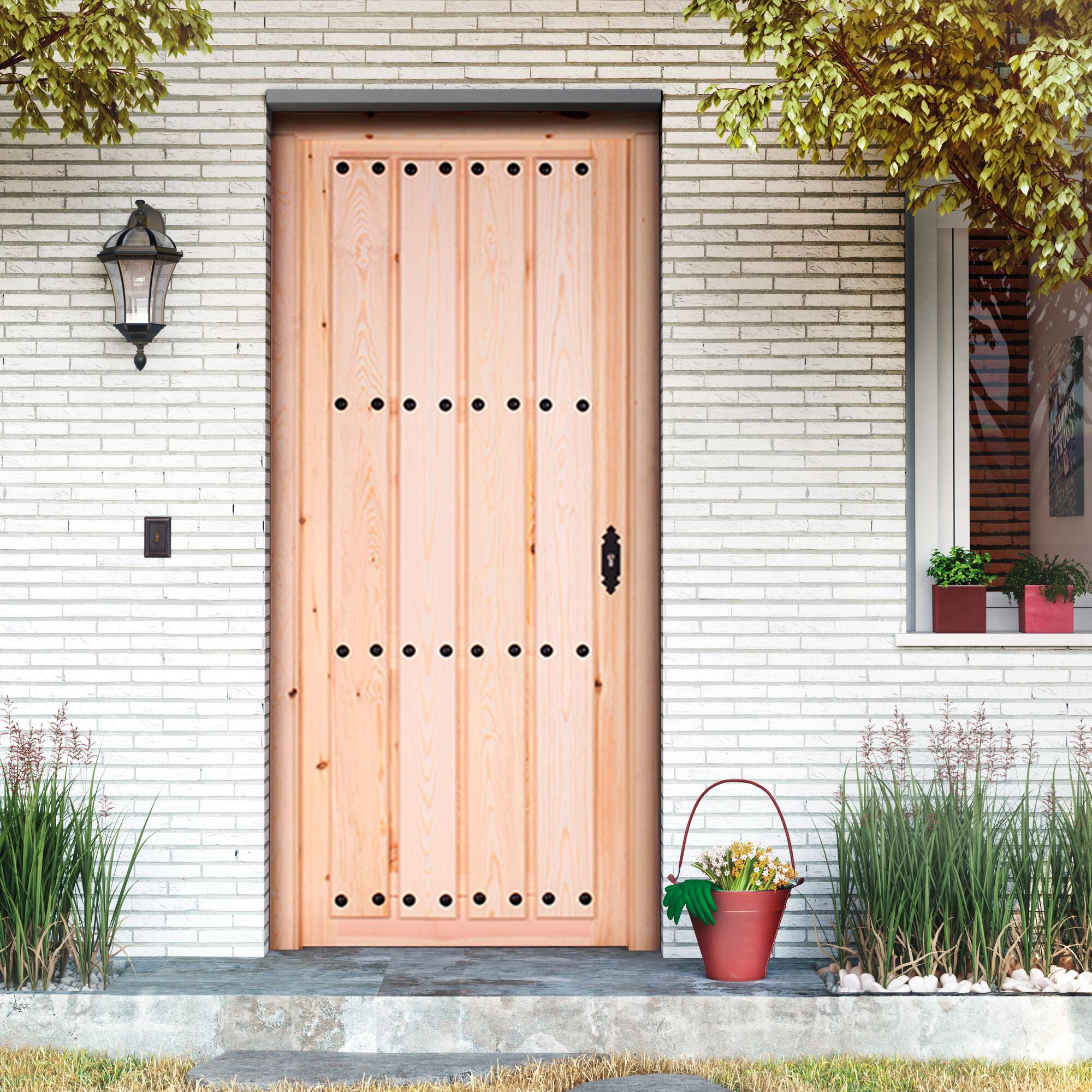 Puerta de entrada madera pino entera diseño rústico color pino apertura izquierda 210x95cm