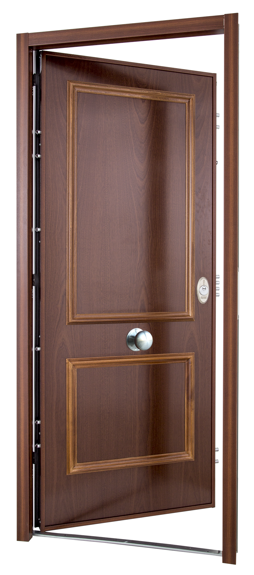 Puerta de entrada acorazada serie V dos cuadros sapelly / interior liso blanco apertura izquierda 206x89cm - 13