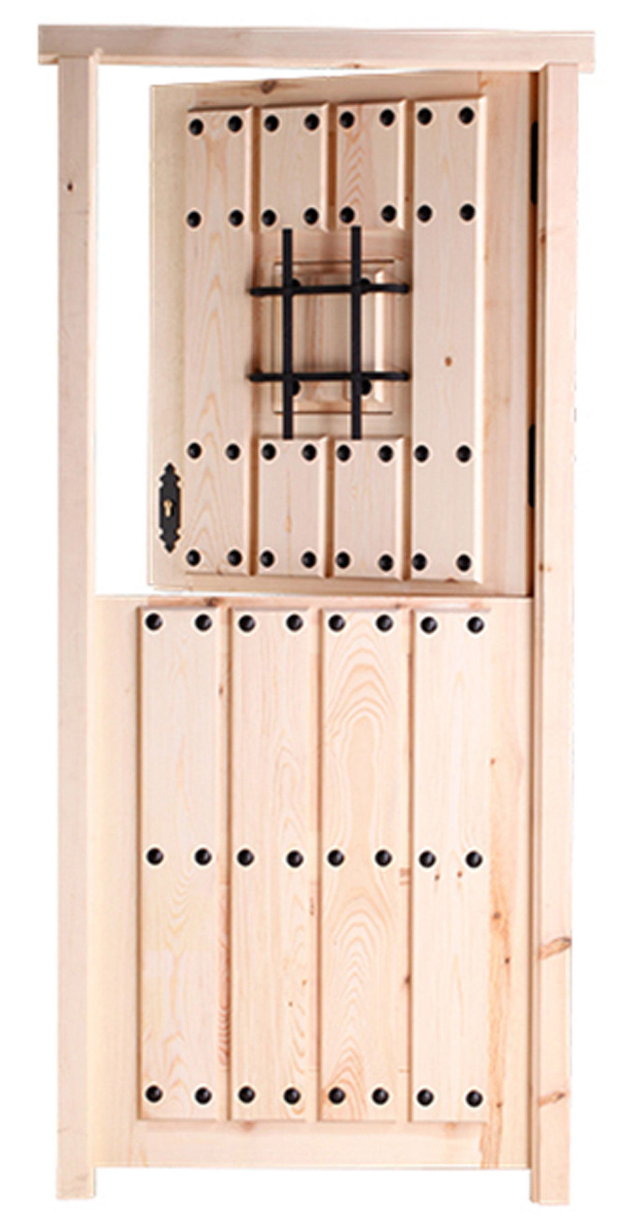 Puerta de entrada madera pino partida con reja diseño rústico color pino apertura derecha 210x95cm - 13