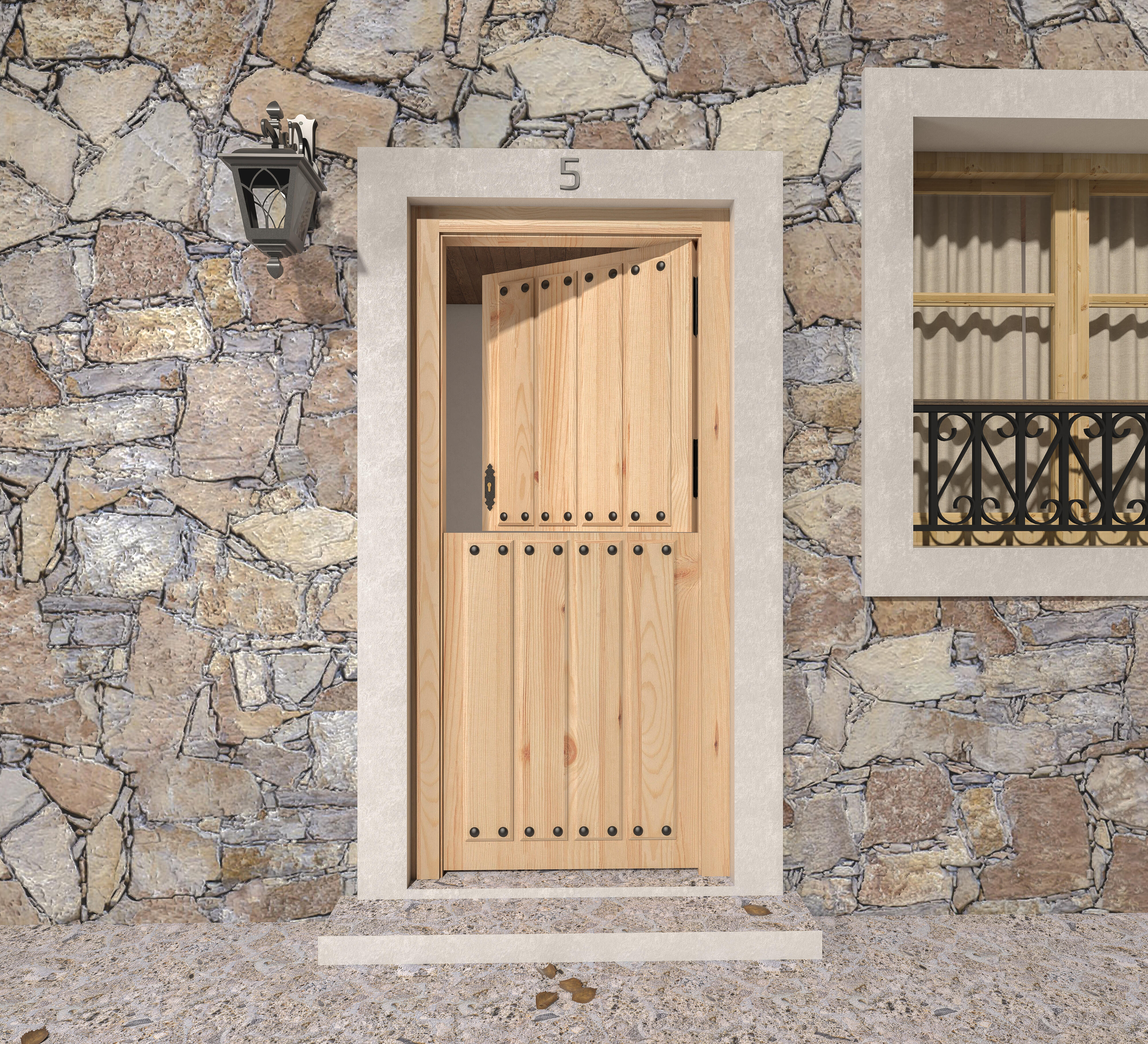 Puerta de entrada madera pino partida diseño rústico color pino apertura derecha 210x95cm - 10