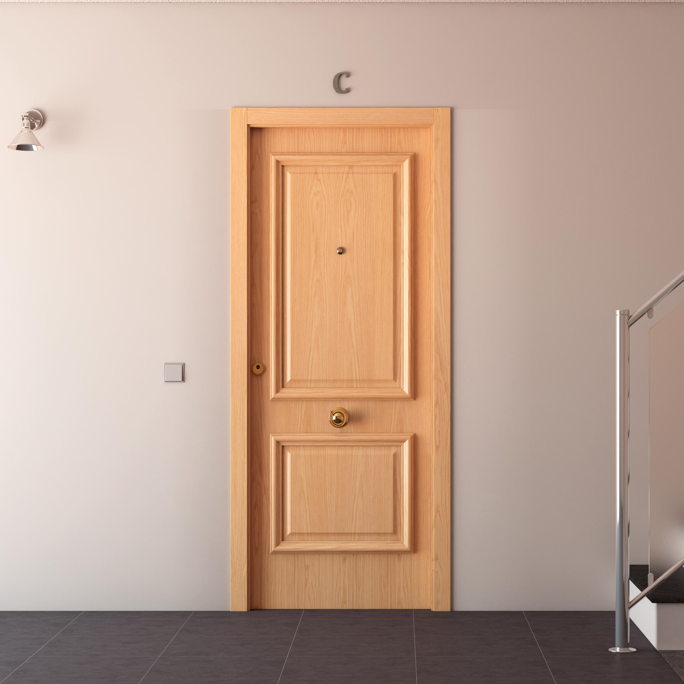 Puerta de entrada blindada 2 cuadros derecha roble/blanco de 85.7x205 cm