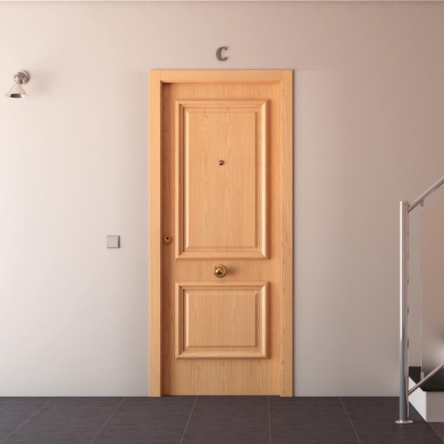 Puerta de entrada blindada serie 3P dos cuadros roble / interior liso  blanco apertura derecha 205x86cm