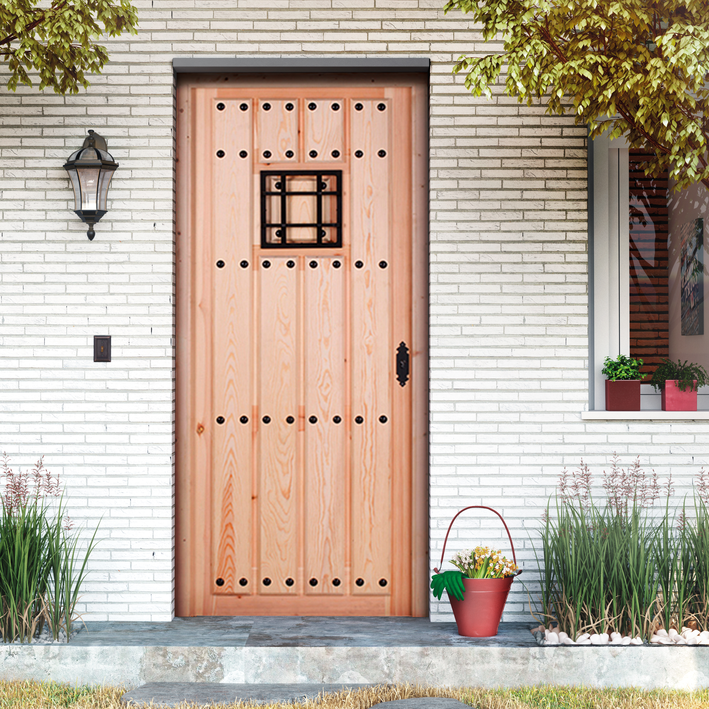 Puerta de entrada madera pino entera diseño rústico color pino apertura izquierda 210x95cm