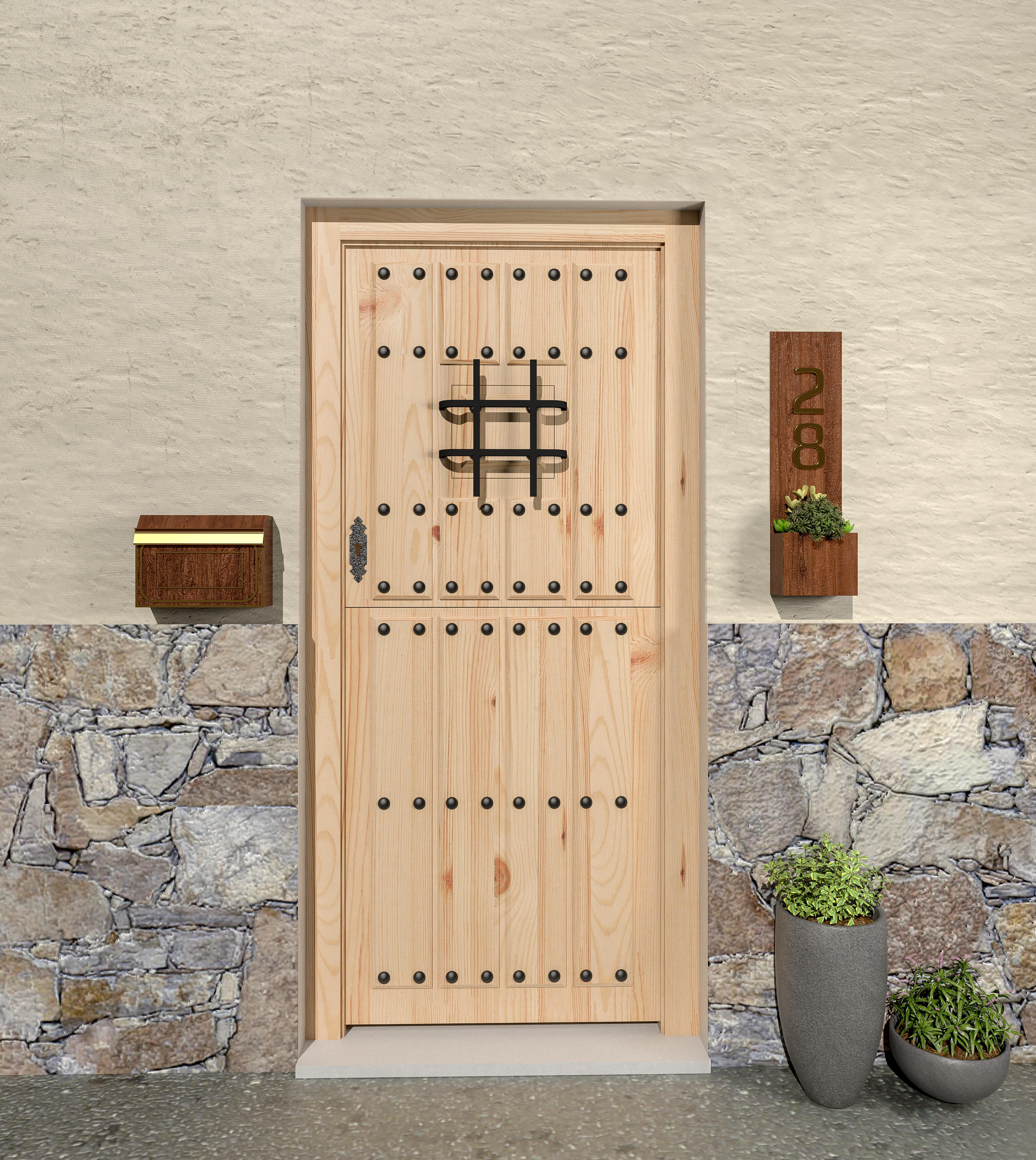 Puerta de entrada madera pino partida con reja diseño rústico color pino apertura derecha 210x95cm - 2