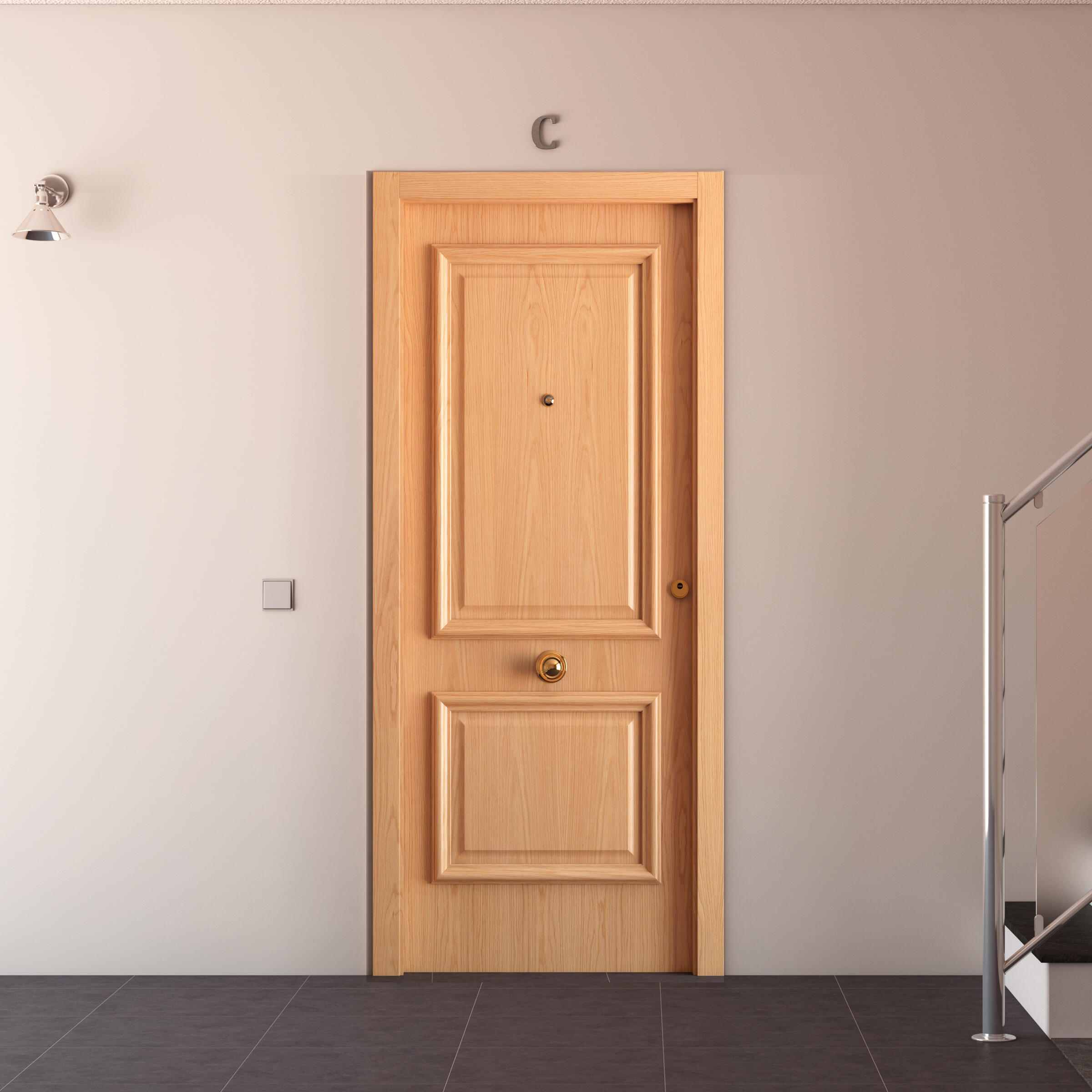 Puerta de entrada blindada 2 cuadros izquierda roble/blanco de 85.7x205 cm