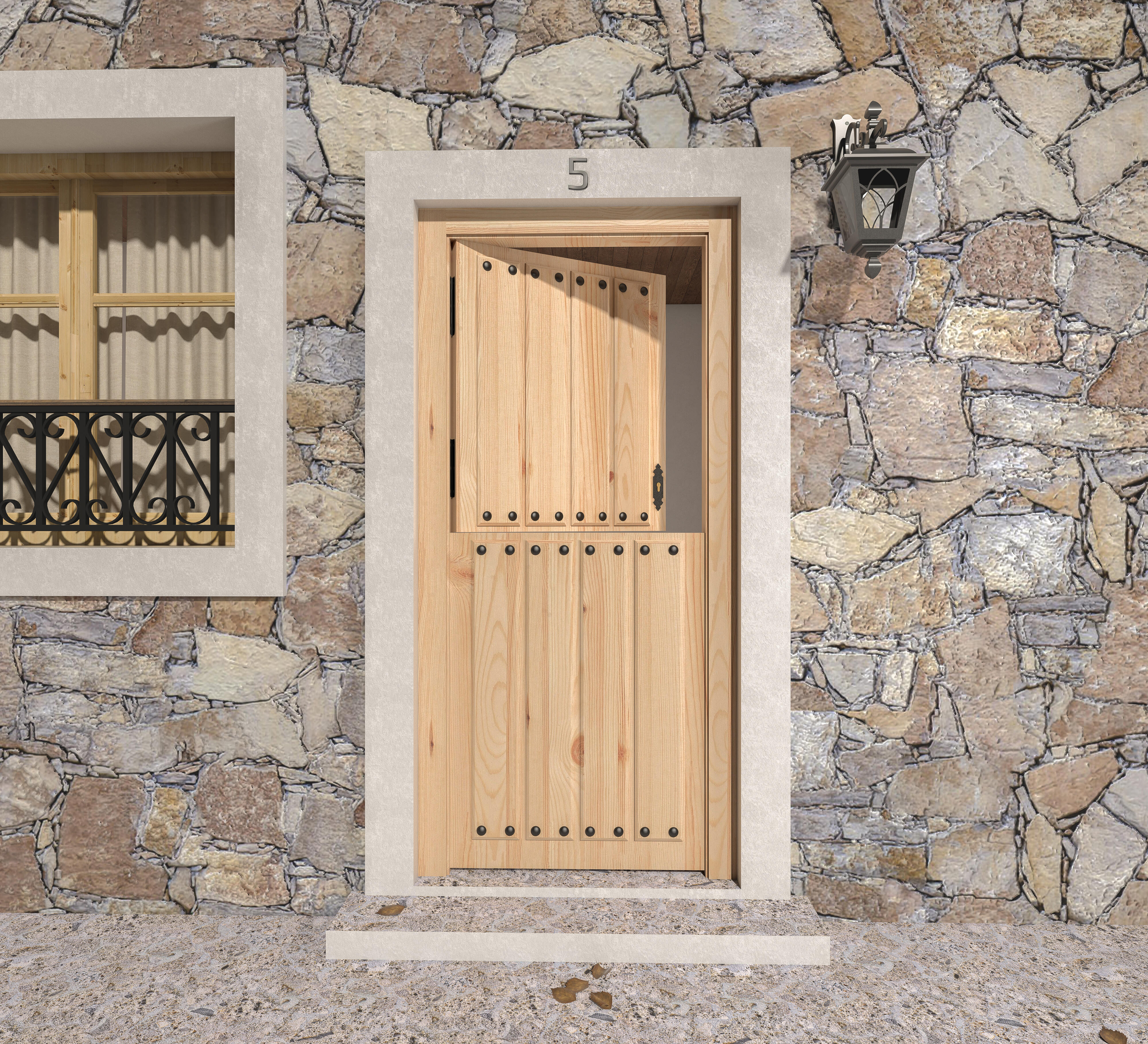 Puerta de entrada madera pino partida diseño rústico color pino apertura izquierda 210x95cm - 9