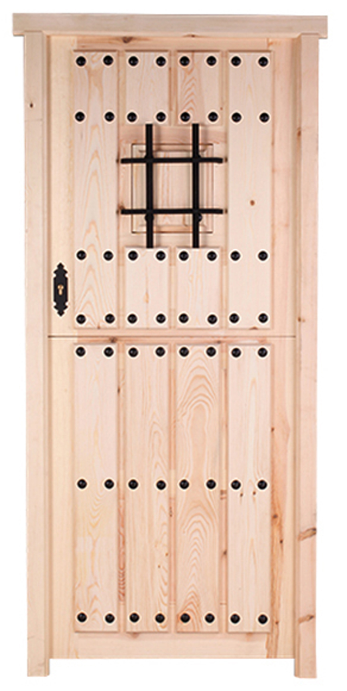 Puerta de entrada madera pino partida con reja diseño rústico color pino apertura derecha 210x95cm - 3