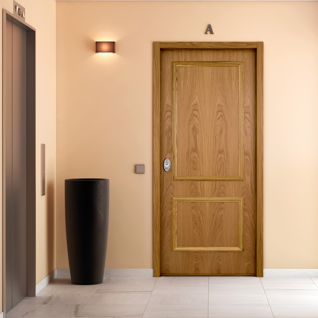 Puerta de entrada acorazada serie V dos cuadros roble / interior liso roble apertura derecha 206x89cm
