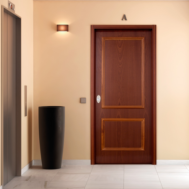 Puerta de entrada acorazada serie V dos cuadros sapelly / interior liso blanco apertura derecha 206x89cm