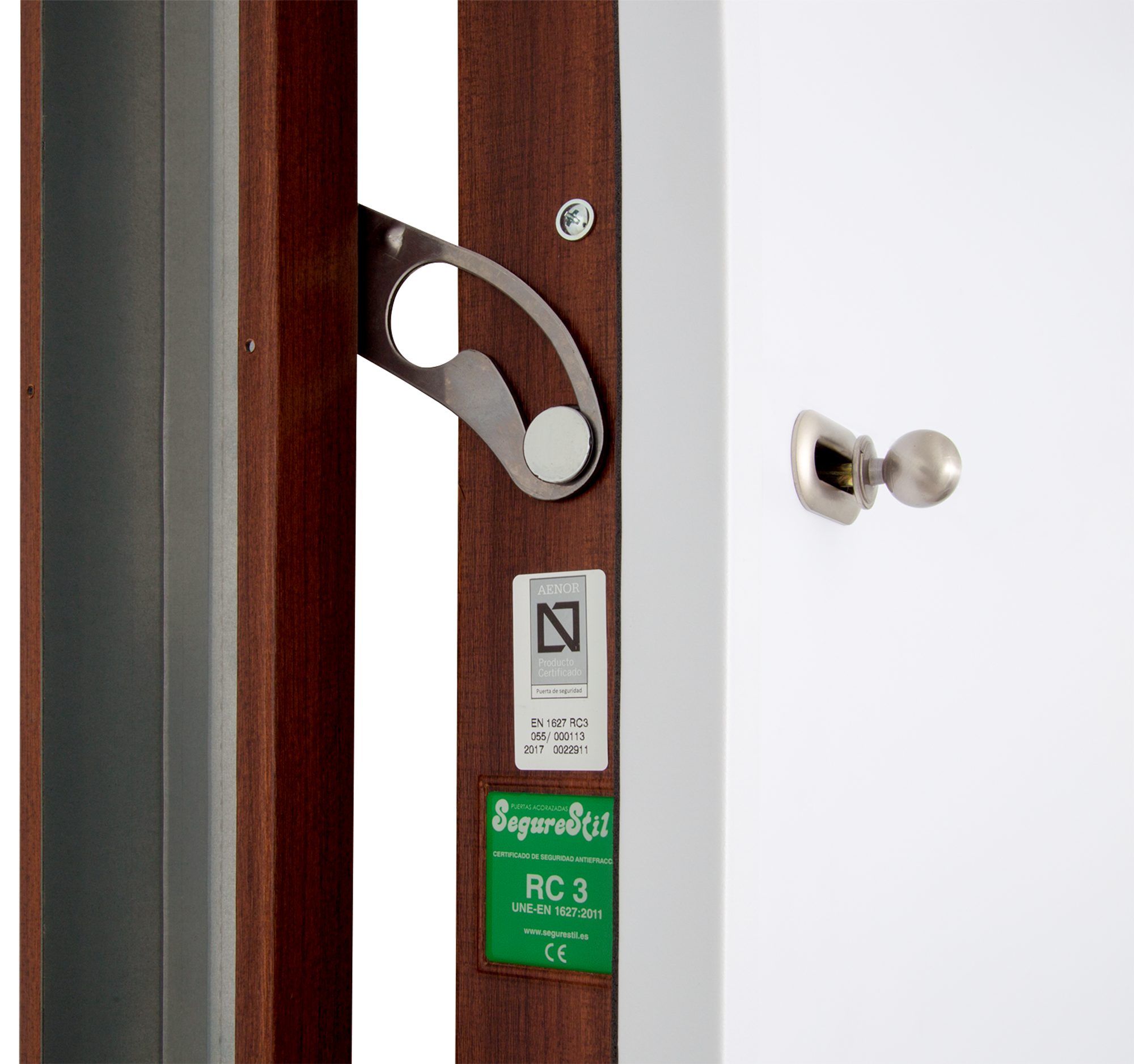 Puerta de entrada acorazada serie V liso sapelly / interior liso blanco apertura izquierda 206x89cm - 7