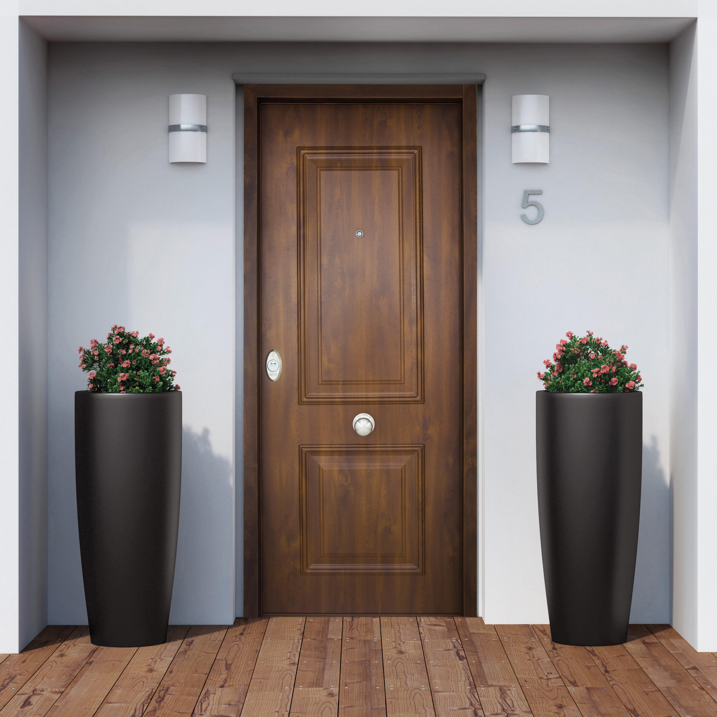 Puerta de entrada acorazada serie v dos cuadros nogal / interior liso nogal apertura derecha 206x89cm