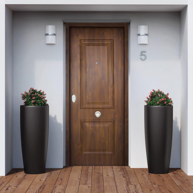 Puerta de entrada acorazada serie V dos cuadros nogal / interior liso nogal apertura derecha 206x89cm