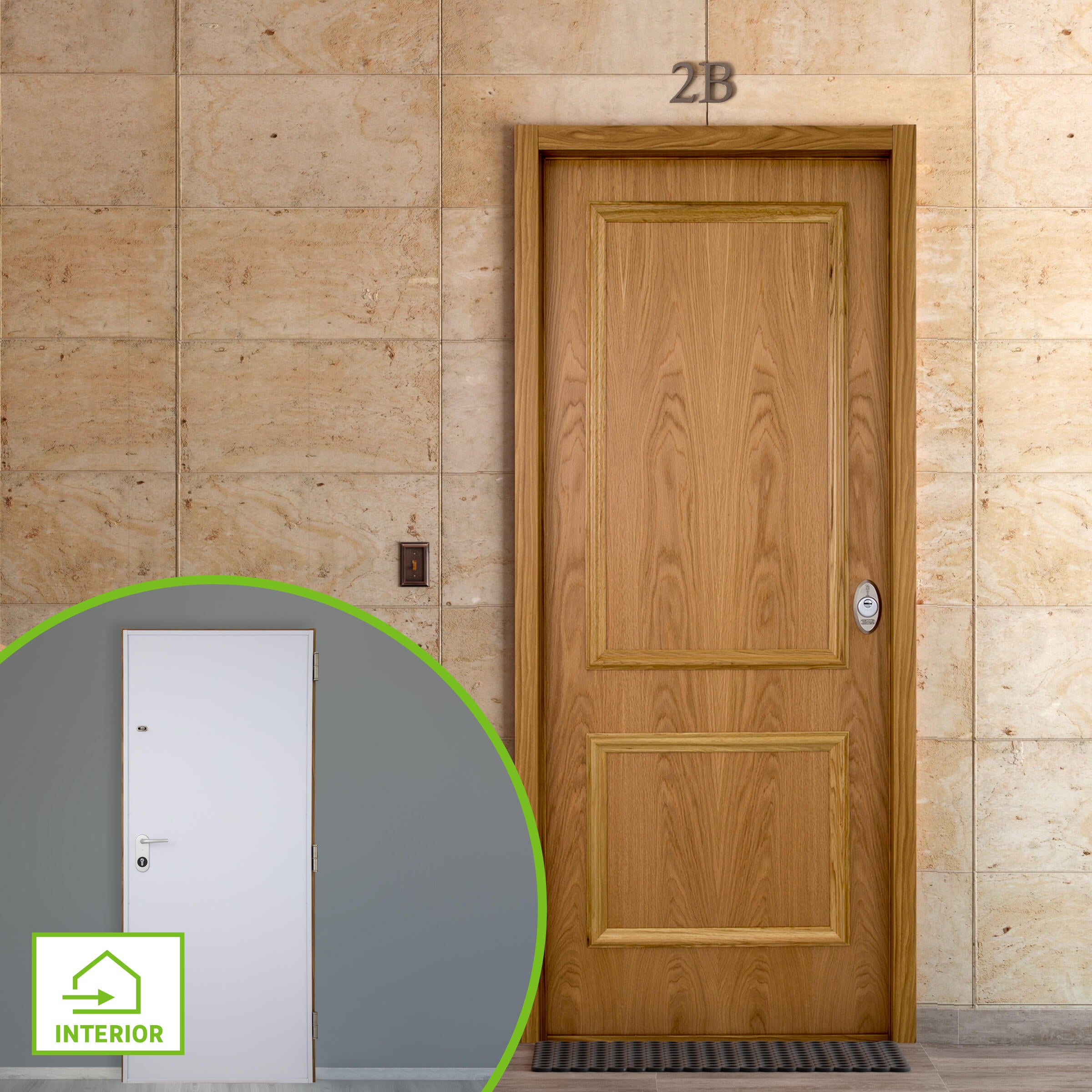 Puerta de entrada acorazada serie v dos cuadros roble / interior liso blanco apertura izquierda 206x89cm