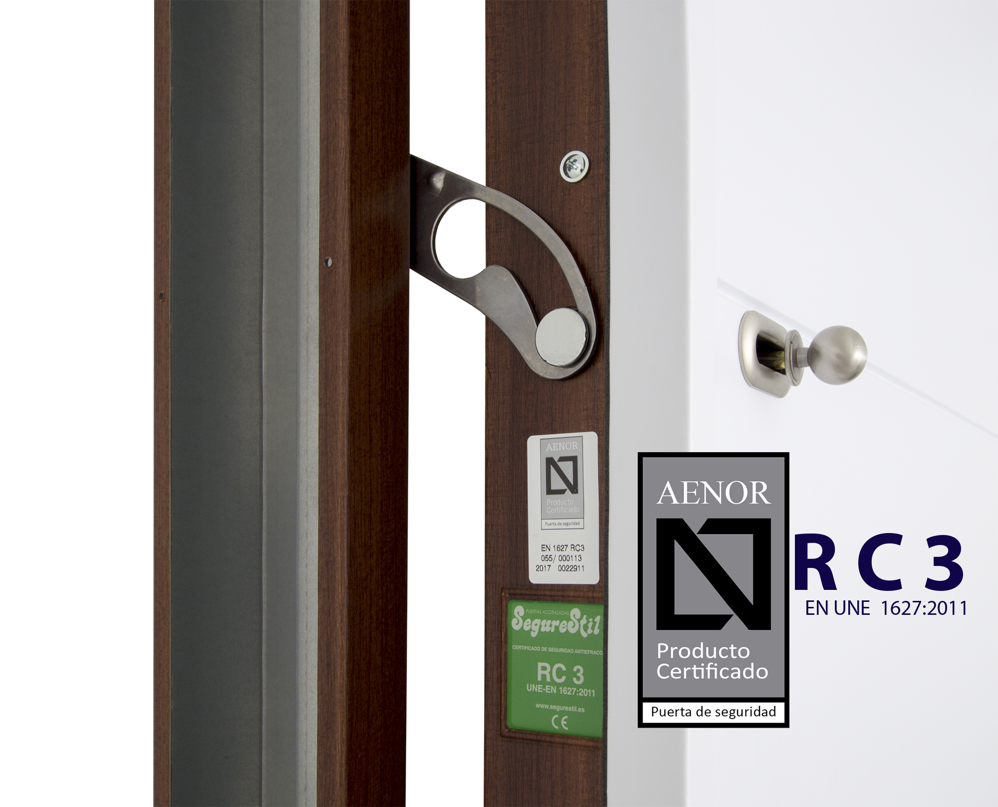 Puerta de entrada acorazada serie V liso sapelly / interior Lucerna fresada blanco apertura izquierda 206x89cm - 7