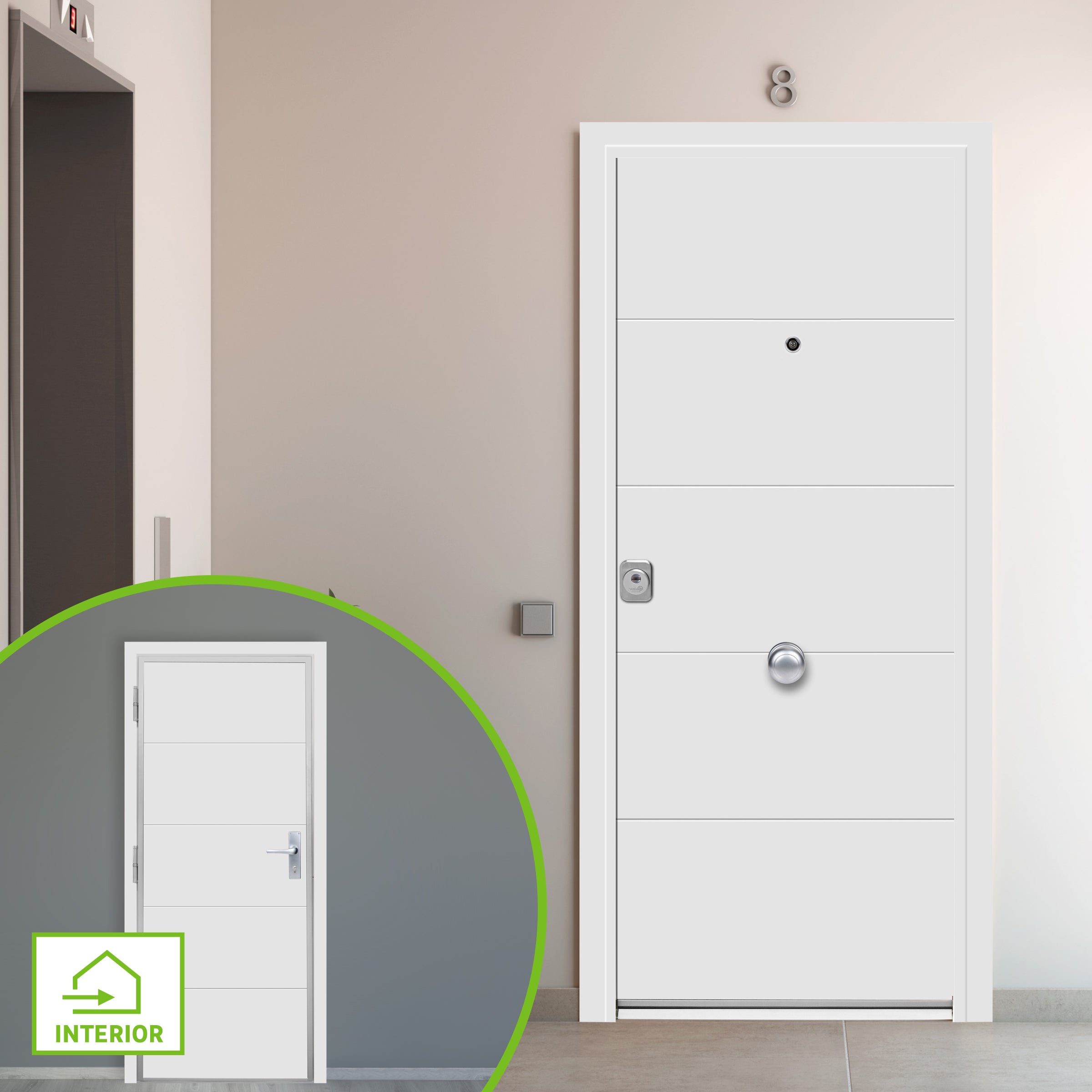 Puerta de entrada acorazada serie 300 fresada blanco / interior lucerna fresada blanco apertura derecha 208x90.3cm