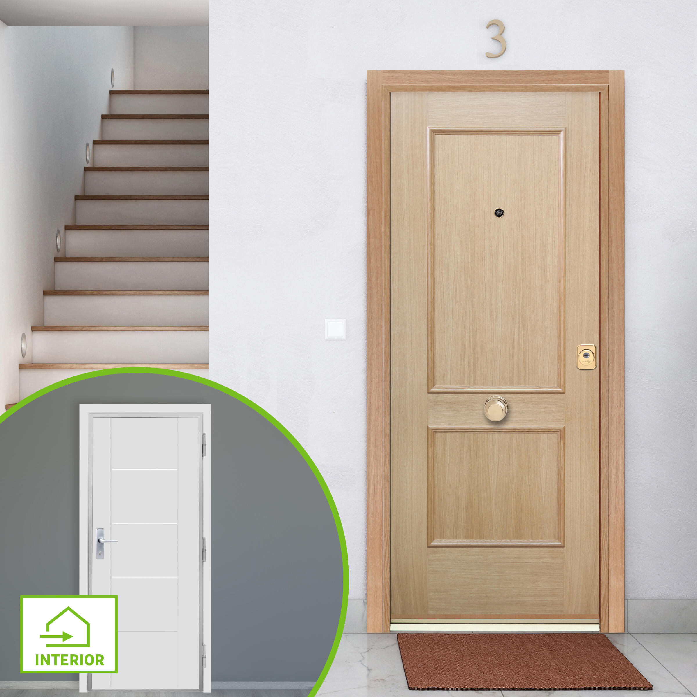 Puerta de entrada acorazada serie 400 dos cuadros roble / interior noruega fresada blanco apertura izquierda 208x90.3cm