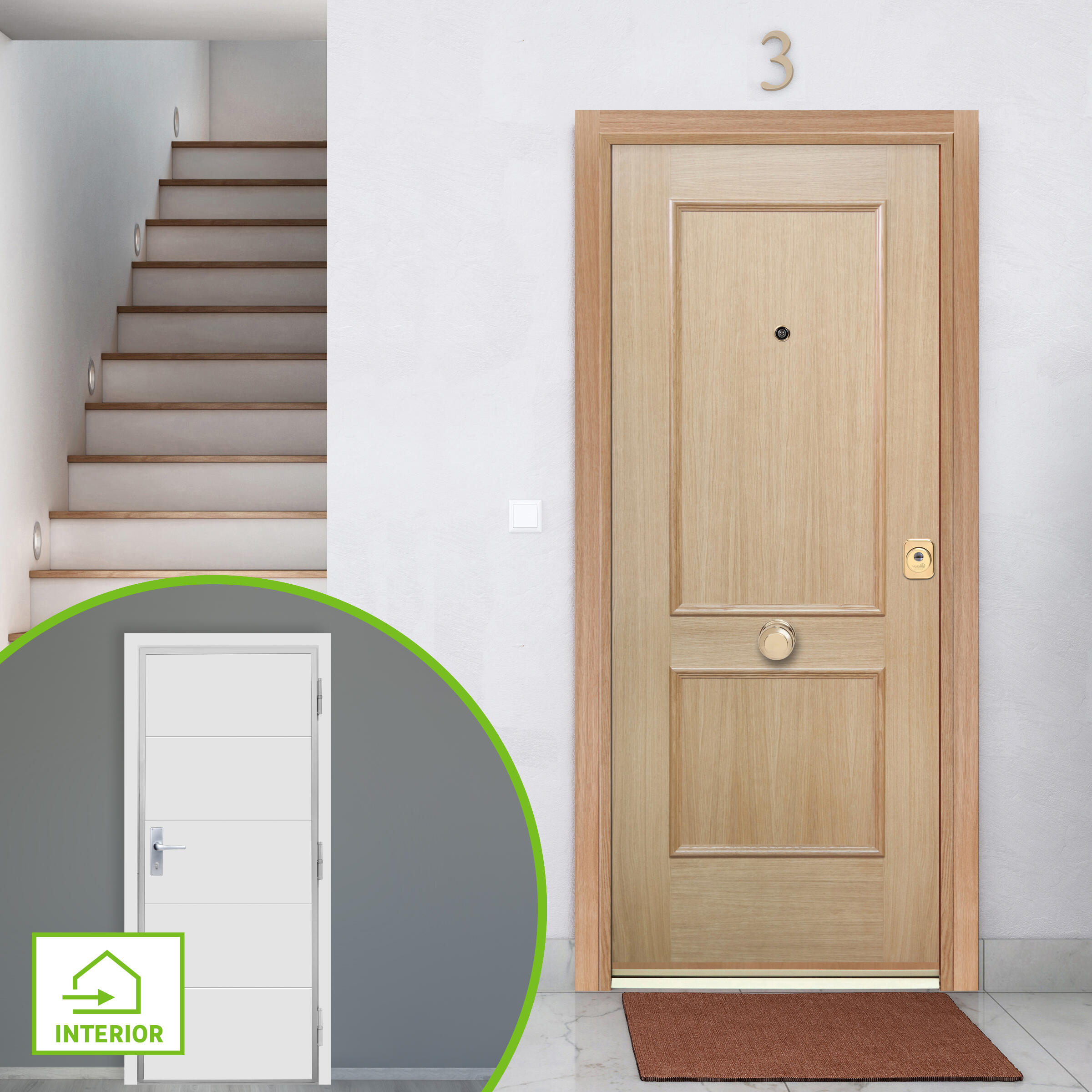 Puerta de entrada acorazada serie 300 dos cuadros roble / interior lucerna fresada blanco apertura izquierda 208x90.3cm