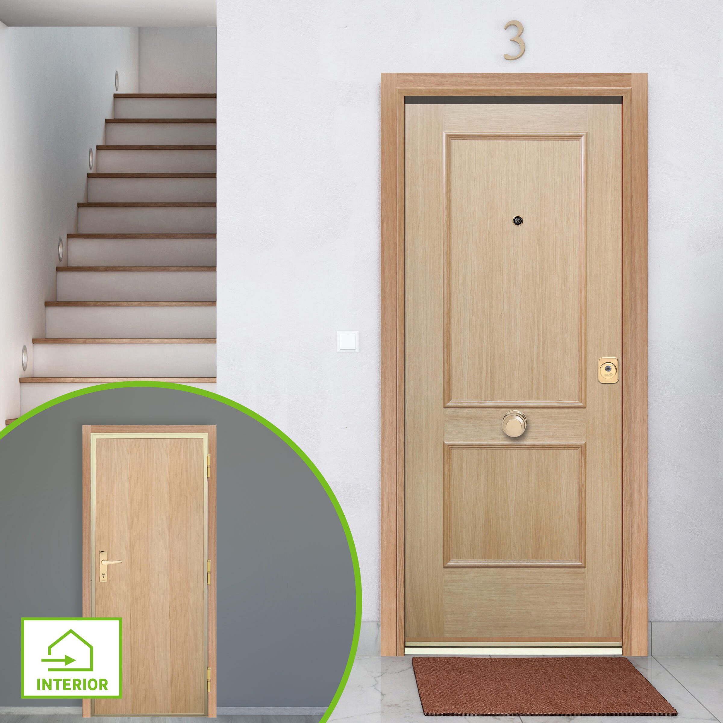Puerta de entrada acorazada serie 400 dos cuadros roble / interior liso roble apertura izquierda 208x90.3cm