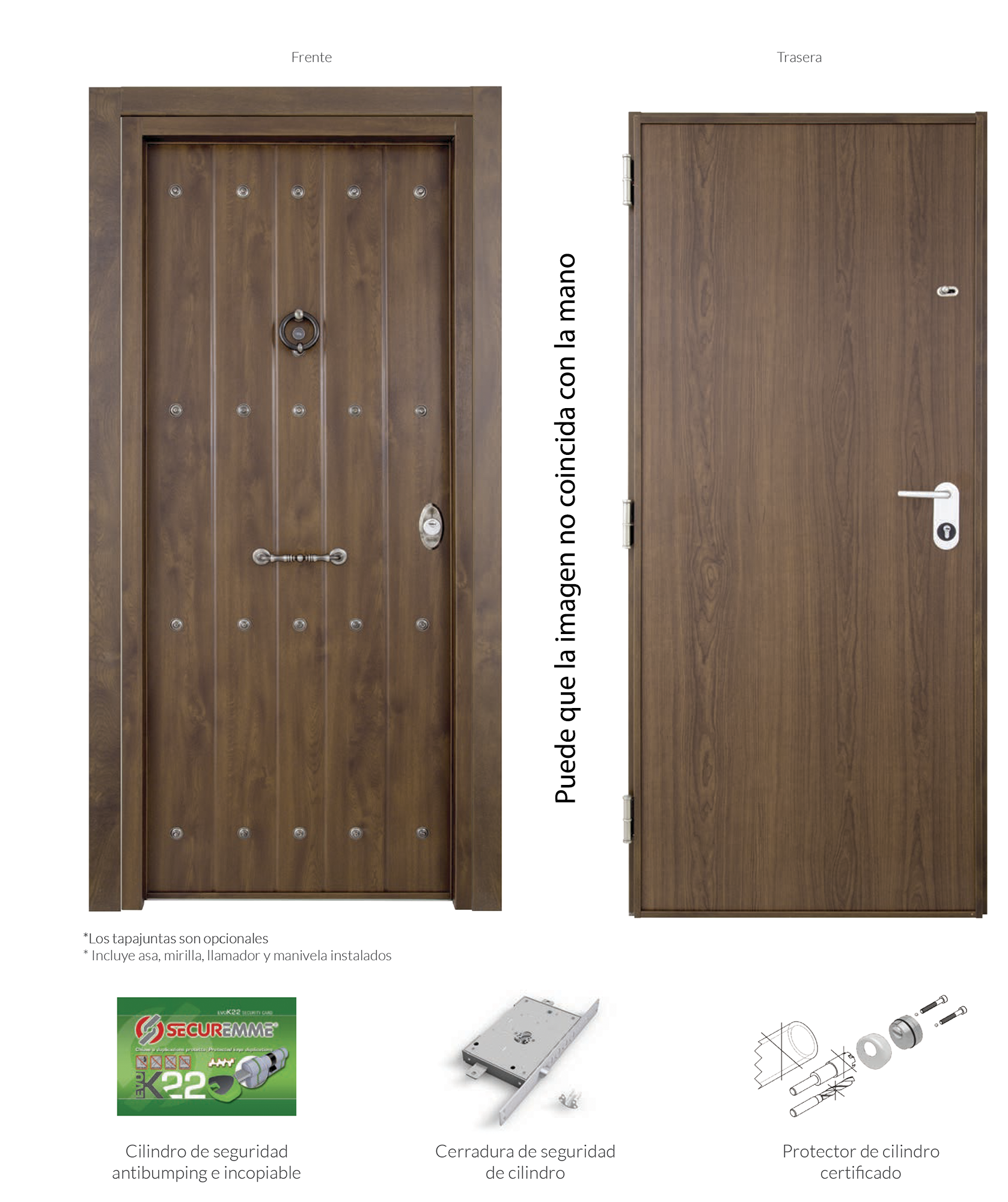 Puerta de entrada acorazada serie V rústico nogal / interior liso nogal apertura izquierda 206x89cm - 8