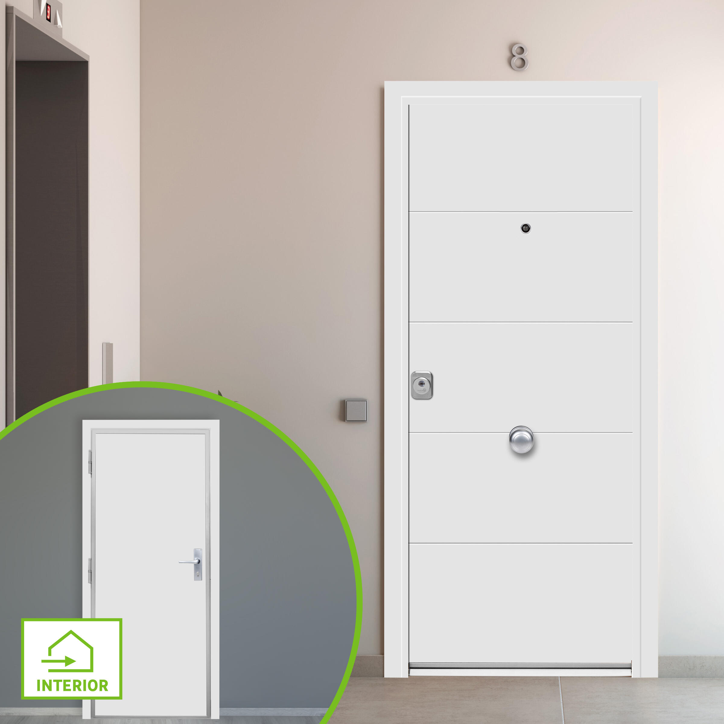 Puerta de entrada acorazada serie 400 fresada blanco / interior liso blanco apertura derecha 208x90.3cm