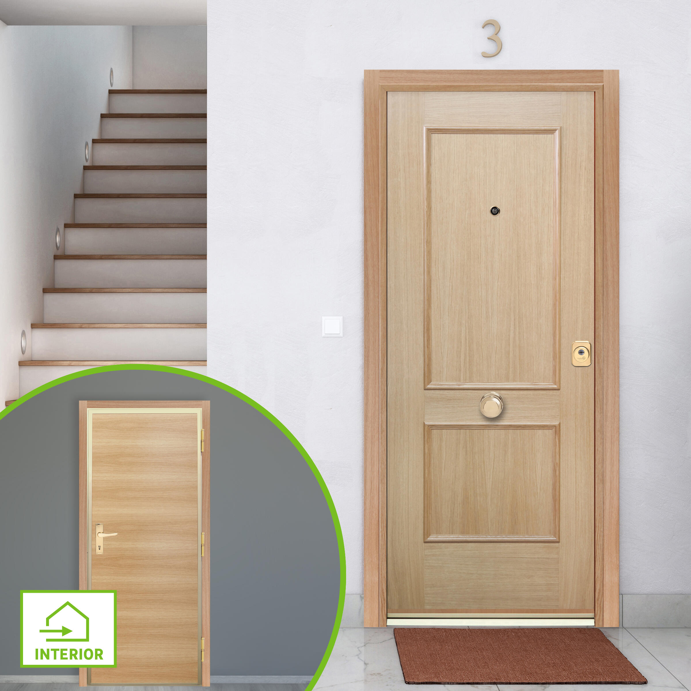 Puerta de entrada acorazada serie 400 dos cuadros roble / interior liso roble apertura izquierda 208x90.3cm