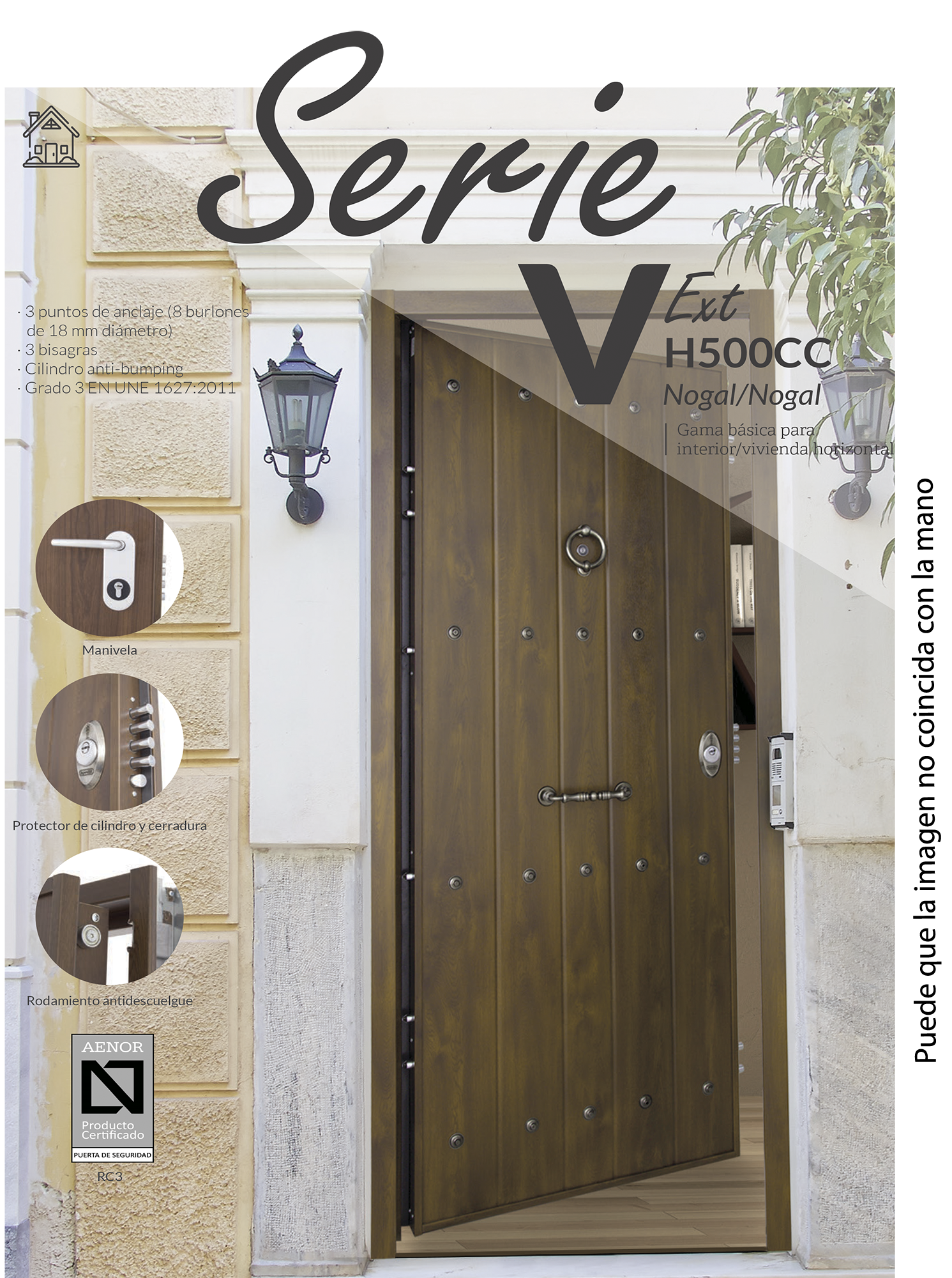 Puerta de entrada acorazada serie V rústico nogal / interior liso nogal apertura derecha 206x89cm - 9