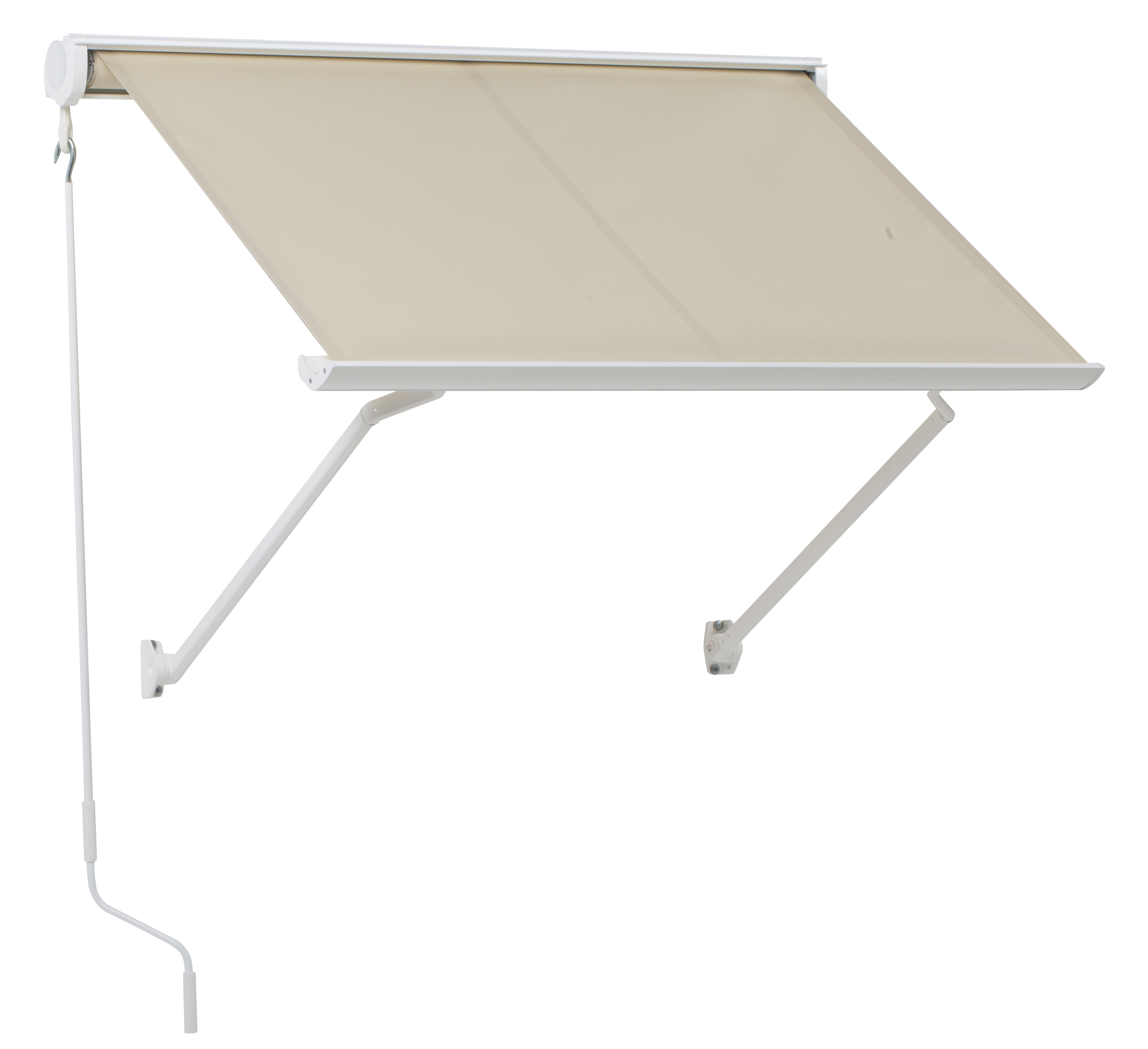 Toldo brazo punto recto ventana desert manual con cofre blanco tela beige 1.5x1m