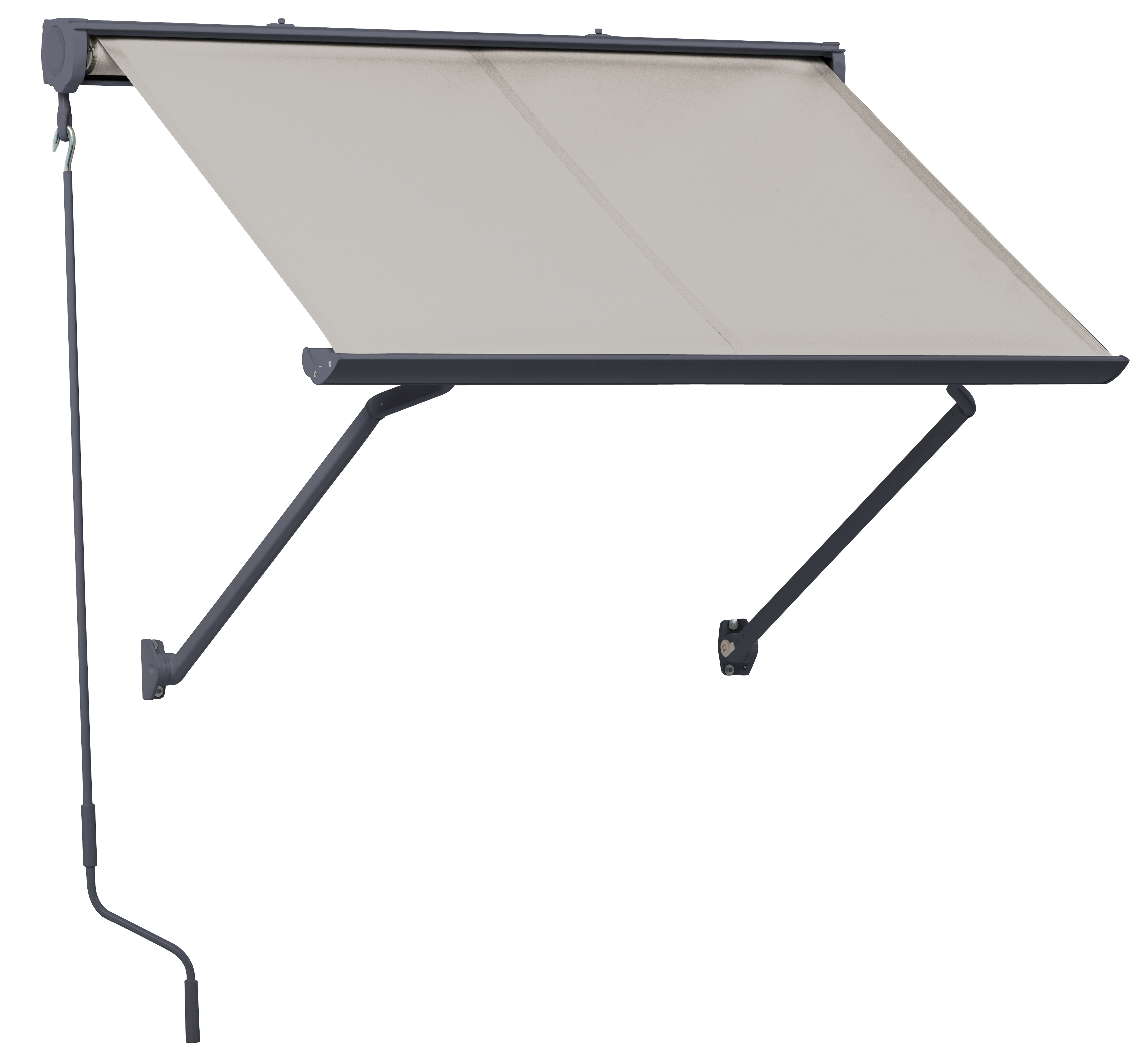 Toldo brazo punto recto ventana desert manual con cofre gris tela café 1.5x1 m