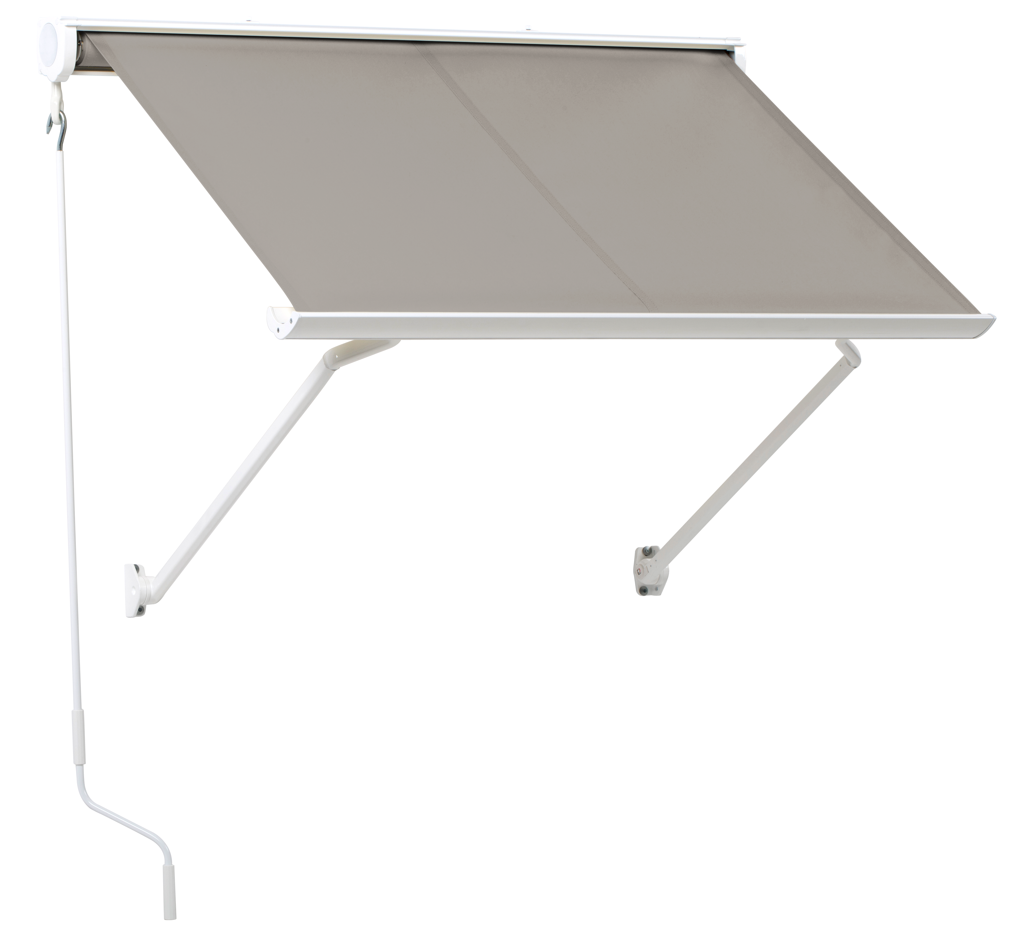 Toldo brazo punto recto 1.5x2 m para ventana desert cofre blanco manual con manivela tela acrílica café