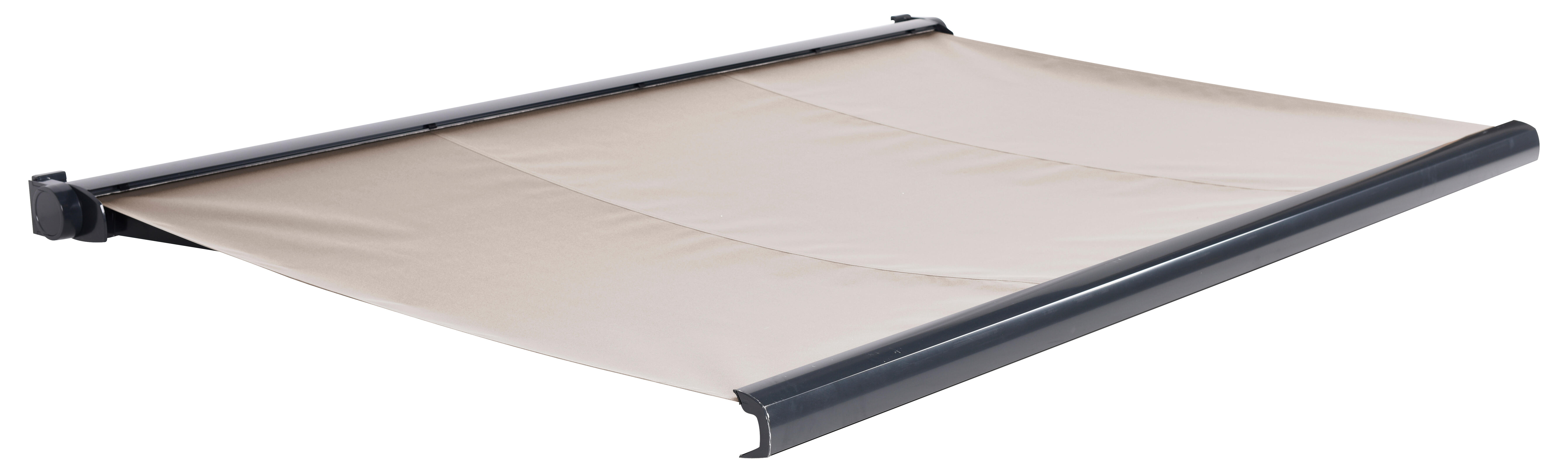 Toldo brazo extensible terraza ares motorizado con cofre gris tela beige 3x2.5 m