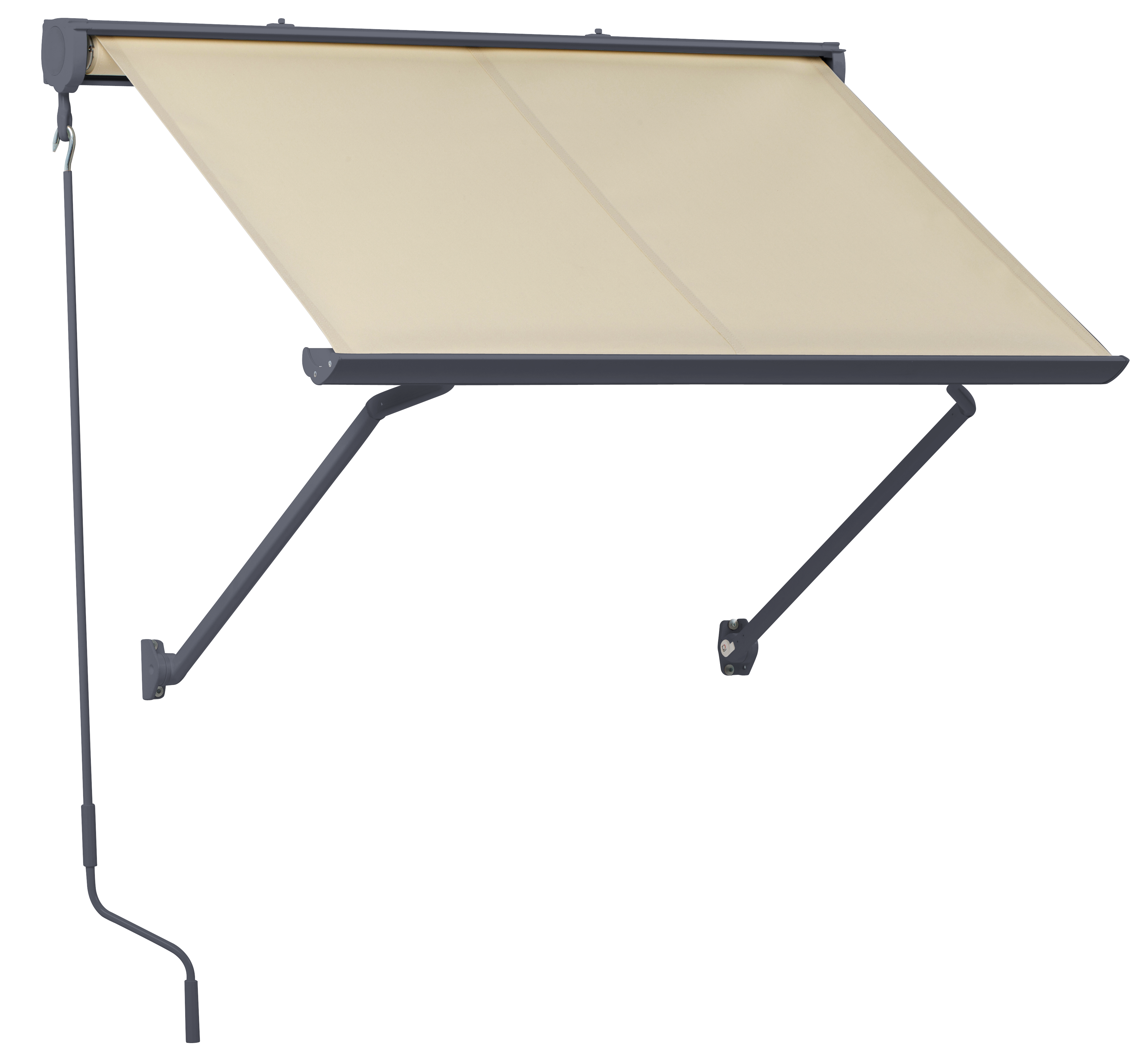 Toldo brazo punto recto 2x2 m para ventana desert cofre gris manual con manivela tela acrílica beige