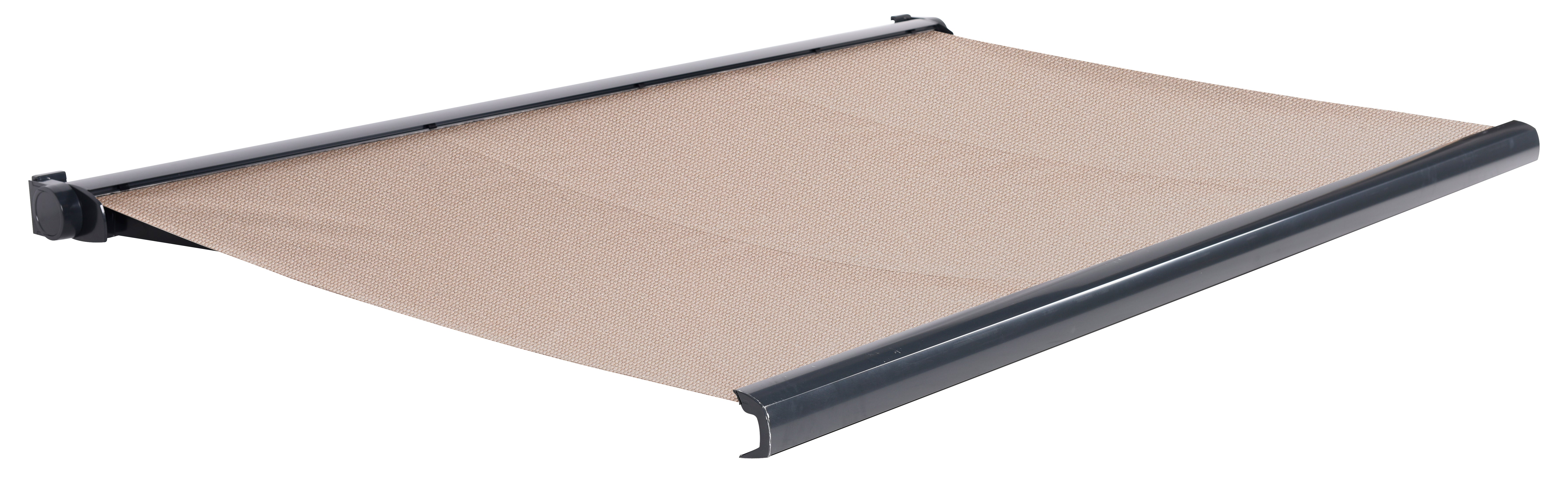 Toldo brazo extensible terraza ares motorizado con cofre gris tela café 3x2.5 m