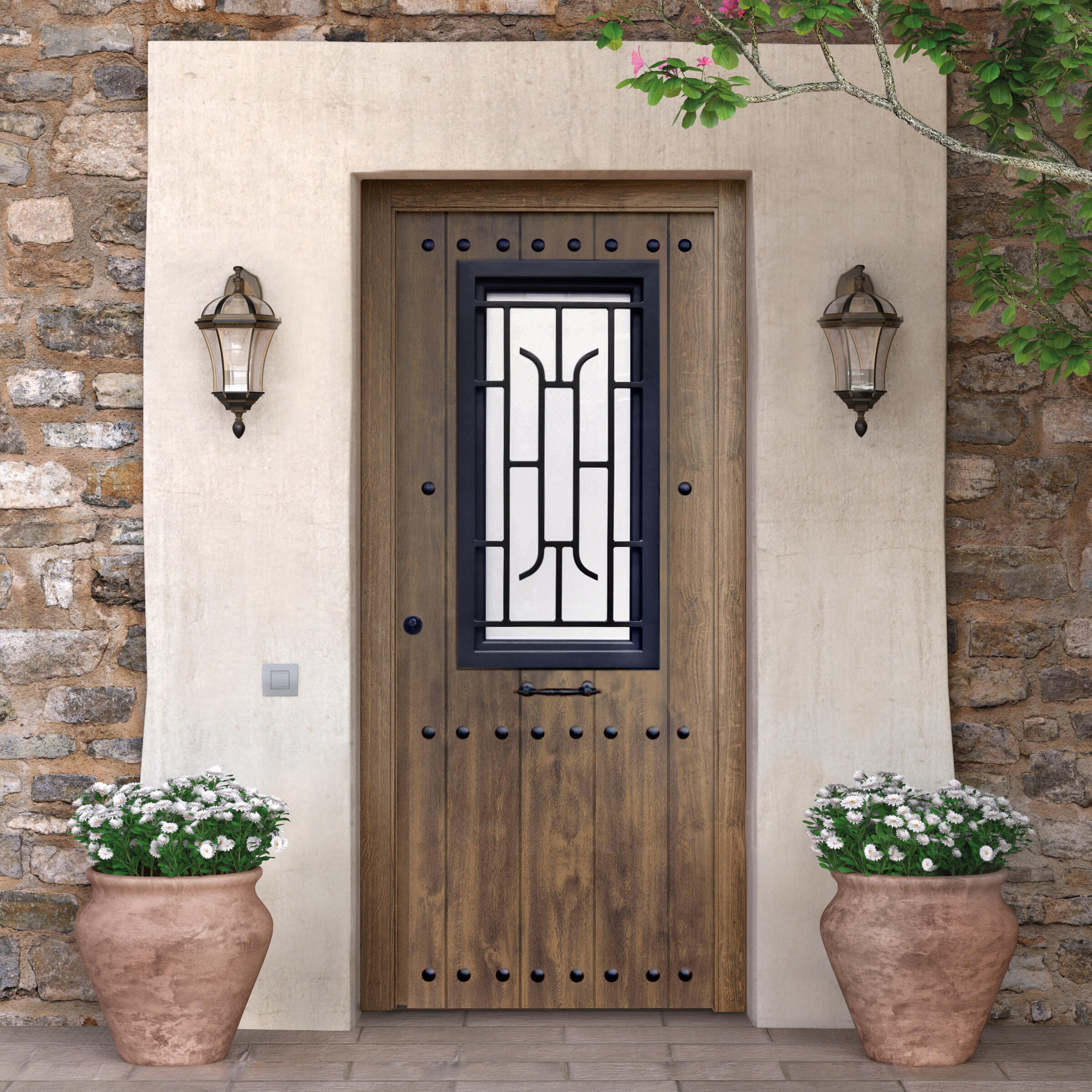 Puerta de entrada metálica s100 rustic cristal roble viejo derecha de 90x210 cm