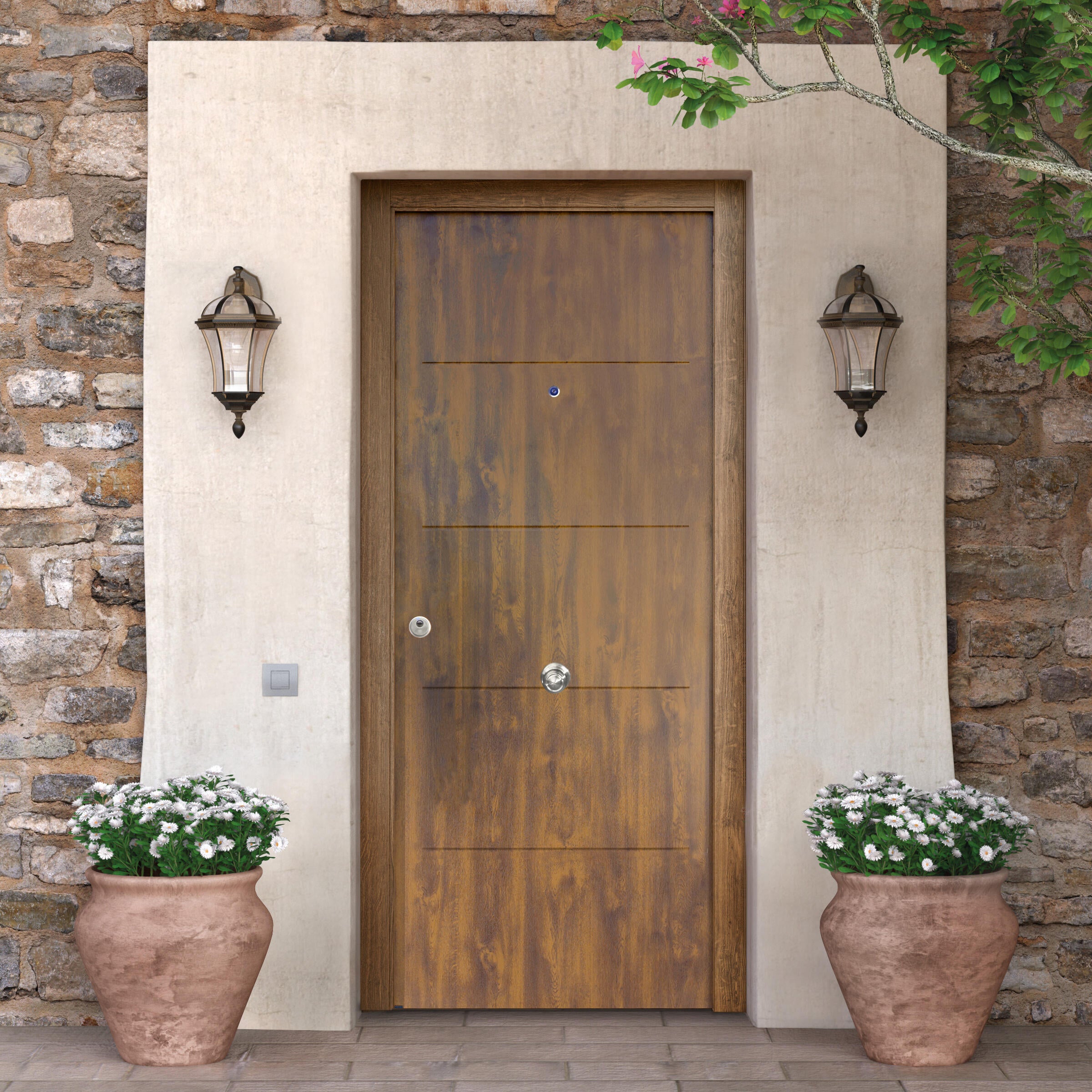 Puerta de entrada metálica serie saga 1105 fresada nogal /interior liso nogal apertura derecha 210x90cm