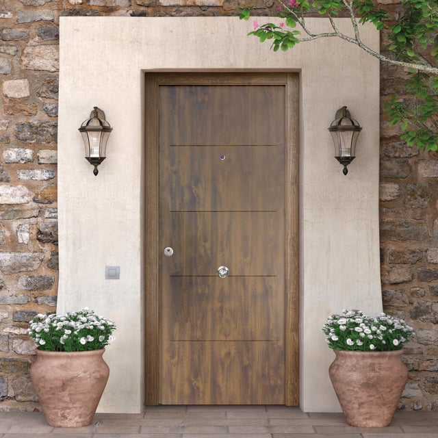 Puerta de entrada metálica serie Saga Multi 1105 fresada roble viejo /interior liso roble viejo apertura derecha 210x90cm