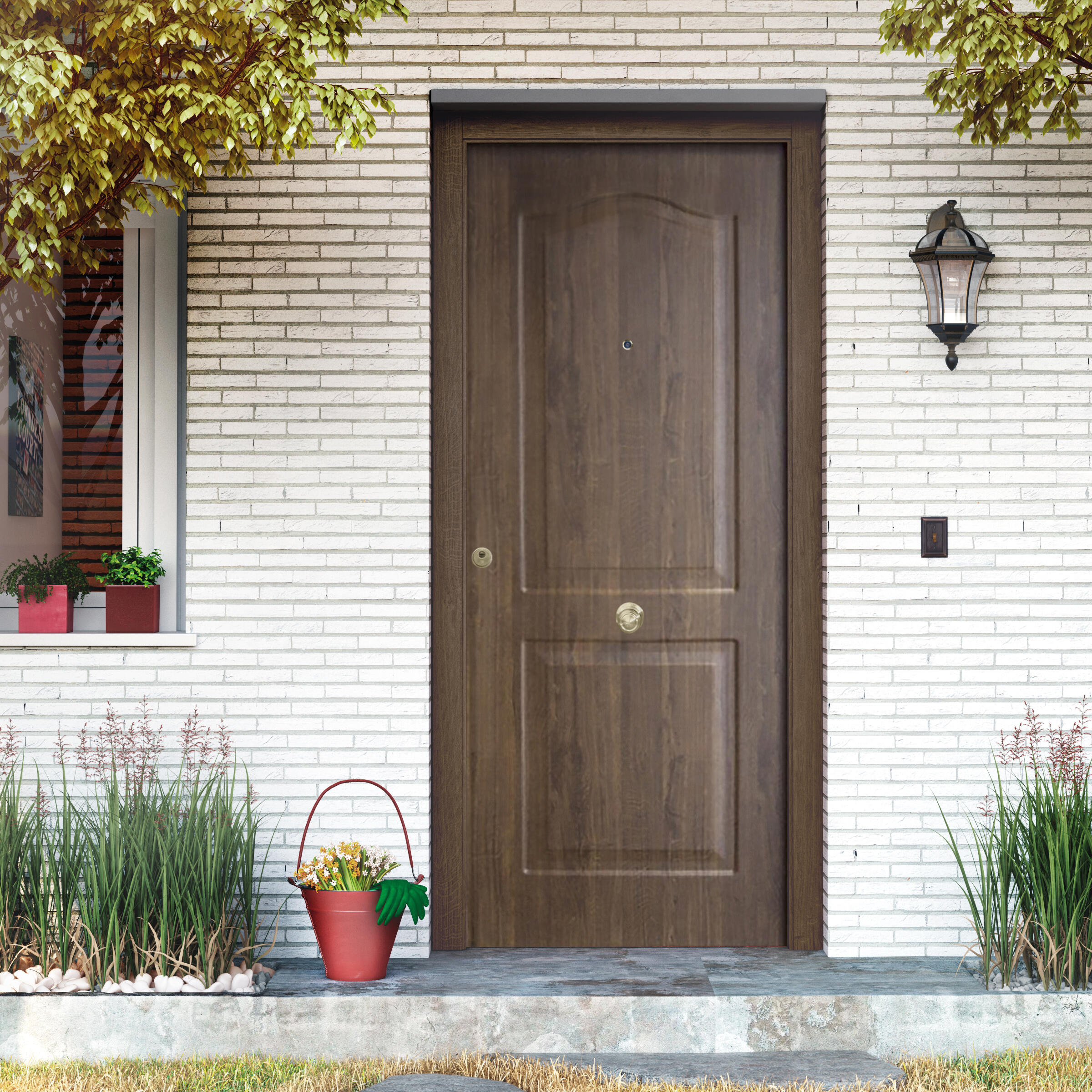 Puerta de entrada metálica saga semiprovenzal roble viejo derecha de 90x210 cm