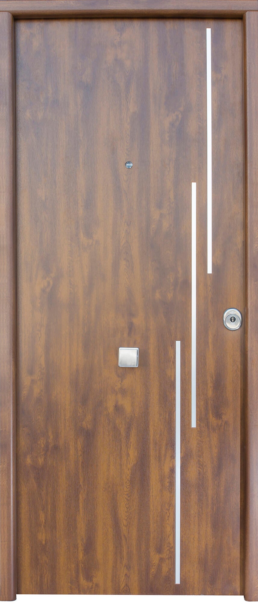 Puerta de entrada metálica serie Saga Camelia fresada embero /interior liso embero apertura izquierda 210x90cm - 2