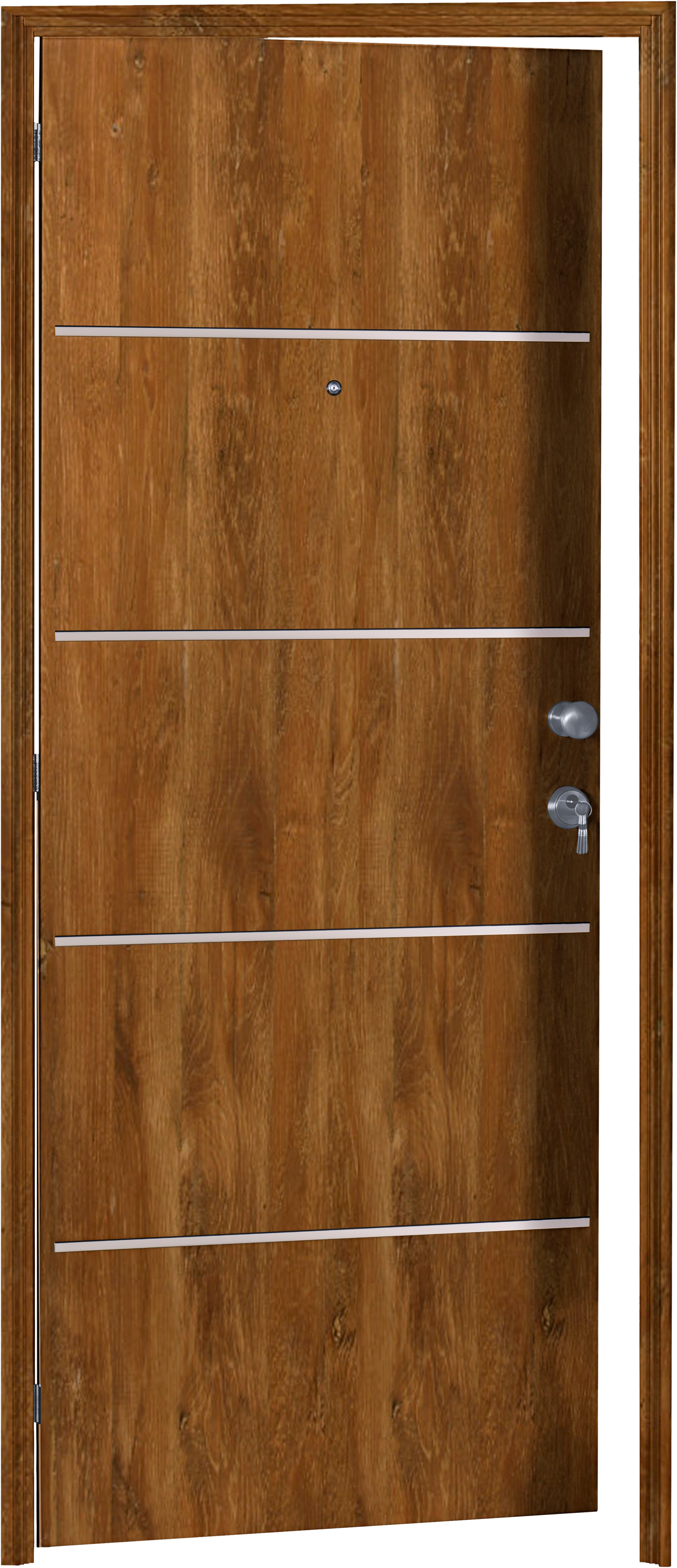 Puerta de entrada metálica Inserciones inox fresada nogal /interior liso nogal apertura izquierda 209x93cm - 14