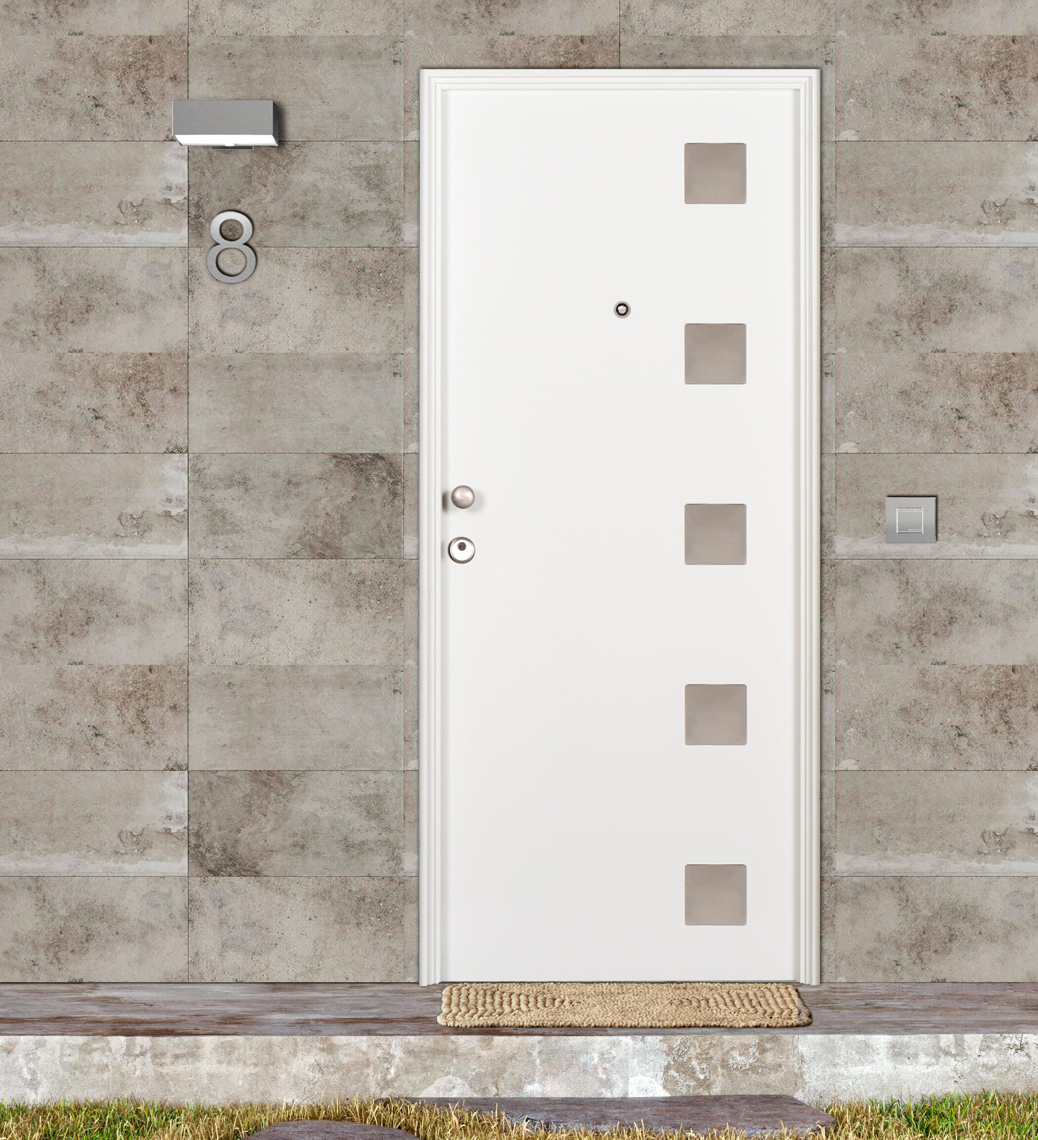 Puerta de entrada metálica serie basic metal cuadros laterales blanco /interior liso blanco apertura derecha 209x93cm