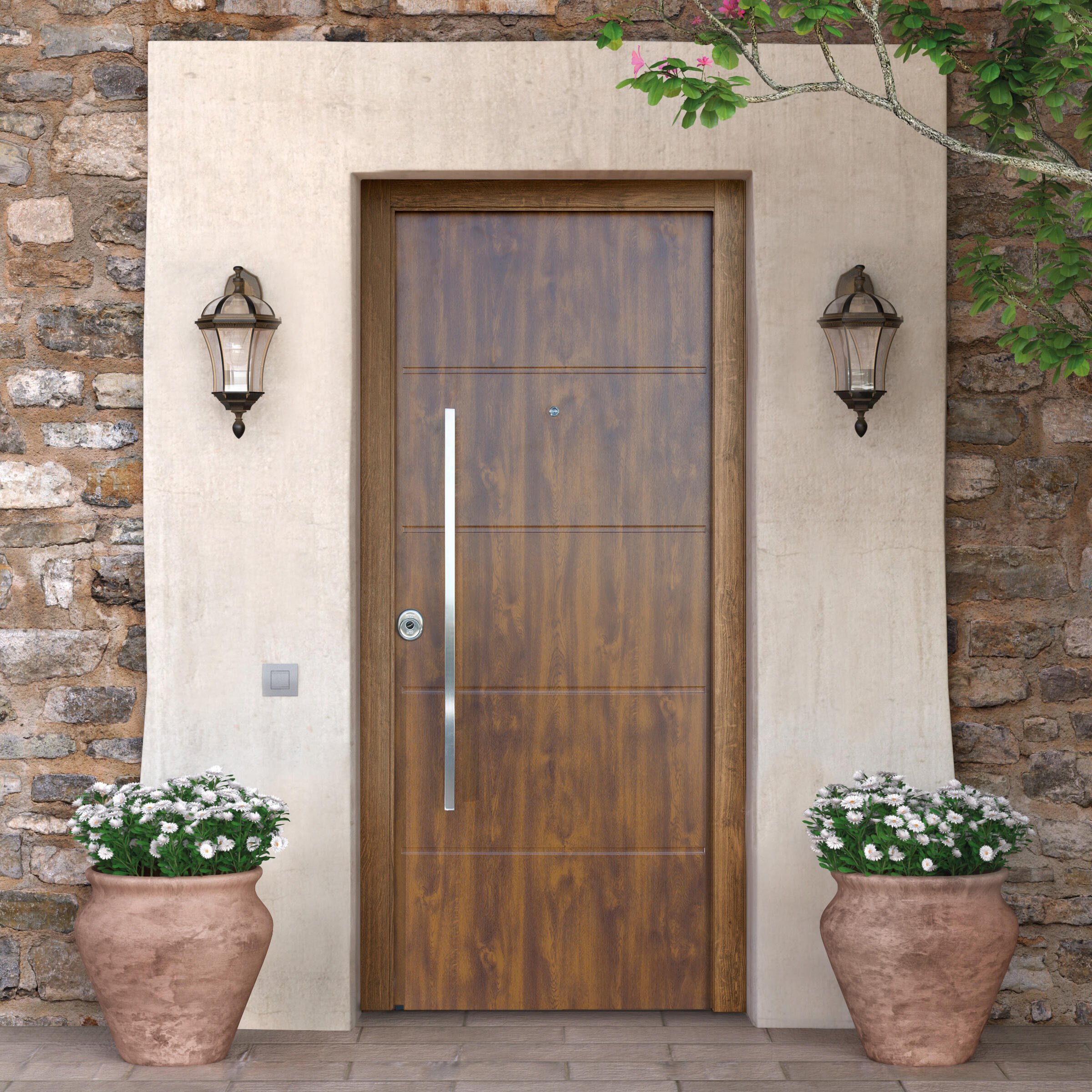 Puerta de entrada metálica serie saga cintia fresada nogal /interior liso nogal apertura derecha 210x90cm