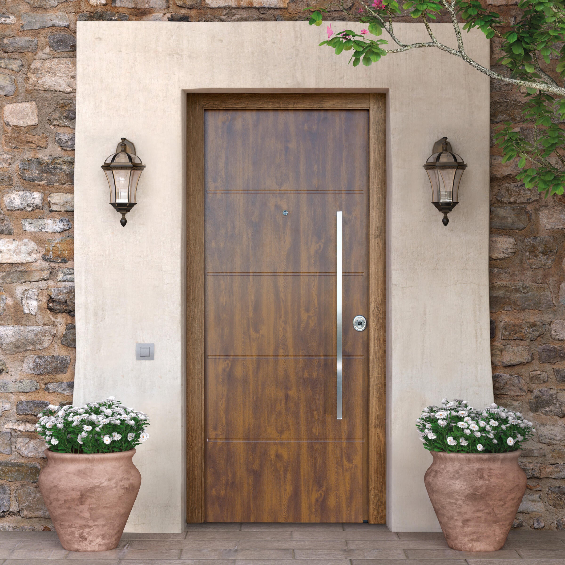 Puerta de entrada metálica serie saga cintia fresada embero /interior liso embero apertura izquierda 210x90cm