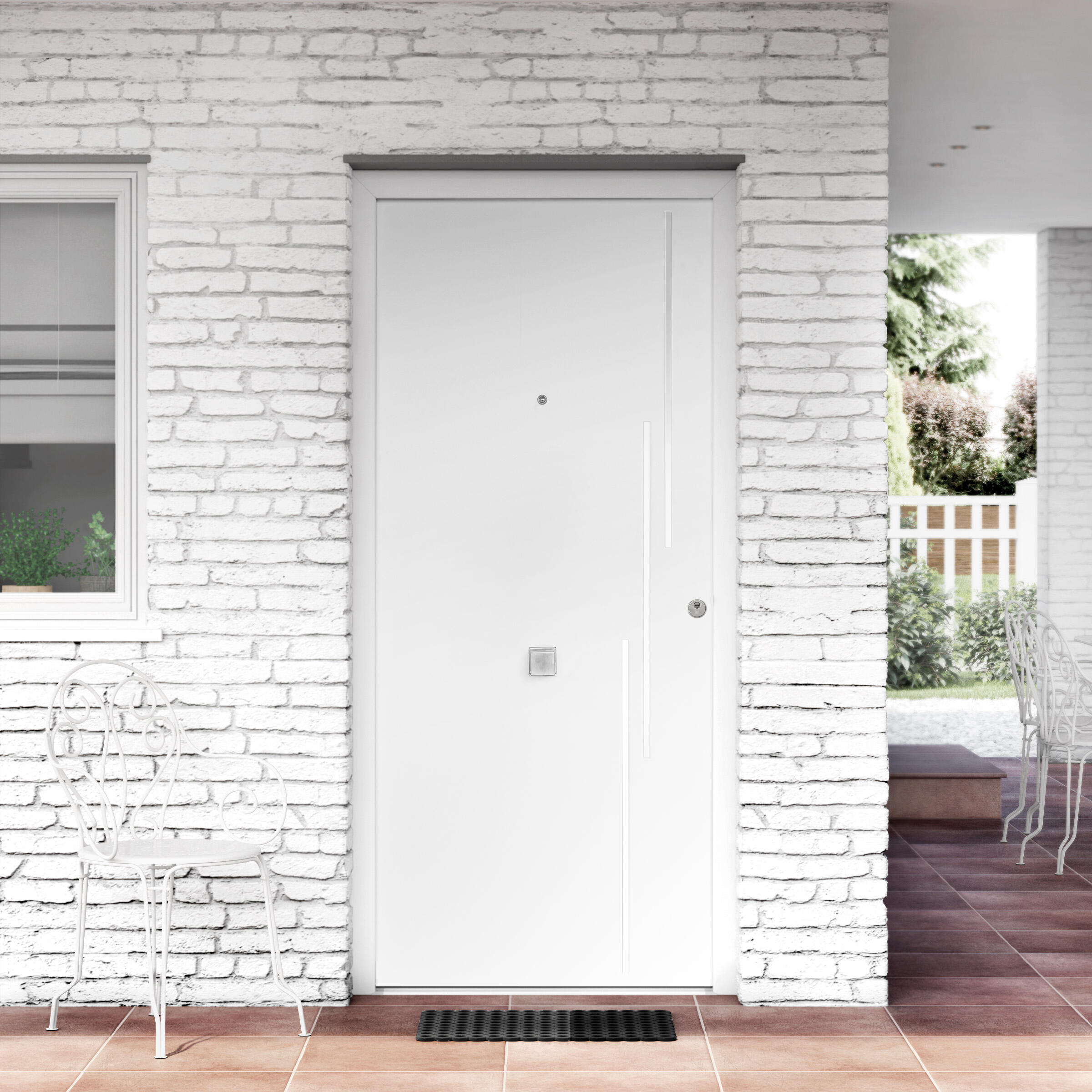 Puerta de entrada metálica serie saga camelia fresada blanco /interior liso blanco apertura izquierda 210x90cm