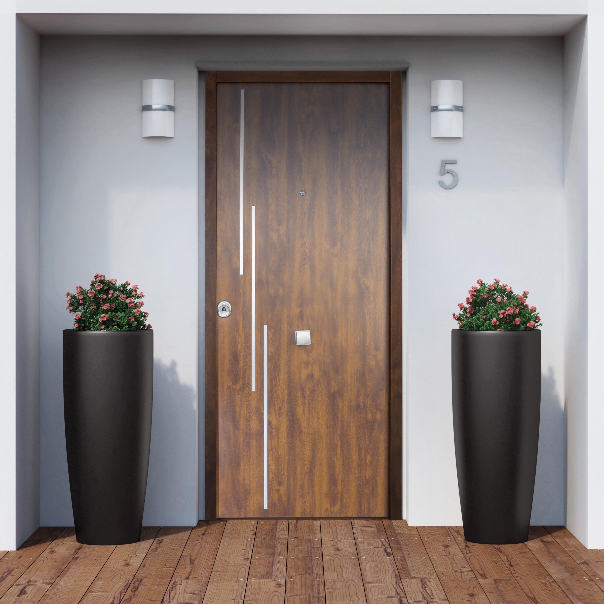 Puerta de entrada metálica serie saga camelia fresada nogal /interior liso nogal apertura derecha 210x90cm