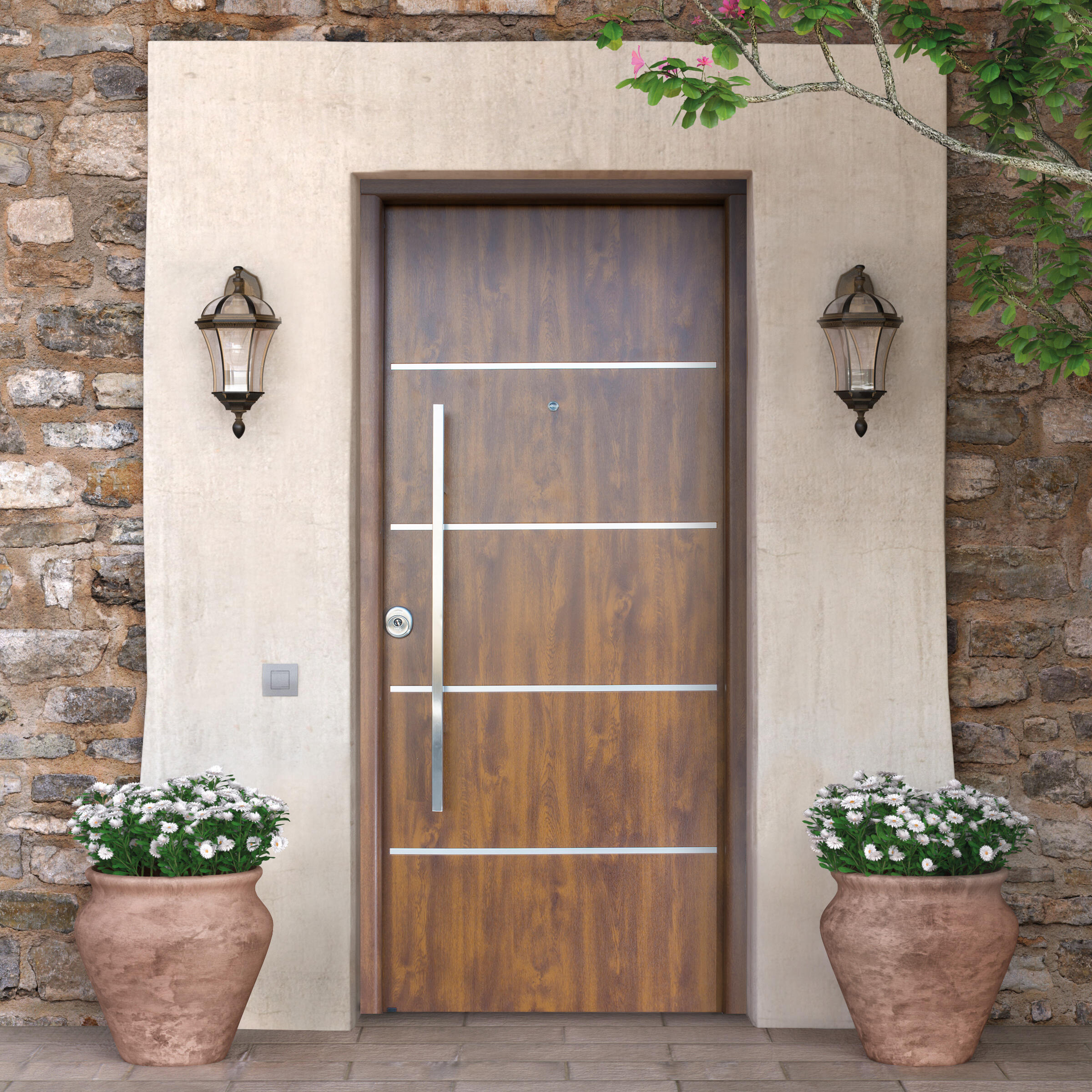 Puerta de entrada metálica serie saga cintia fresada nogal /interior liso nogal apertura derecha 210x90cm