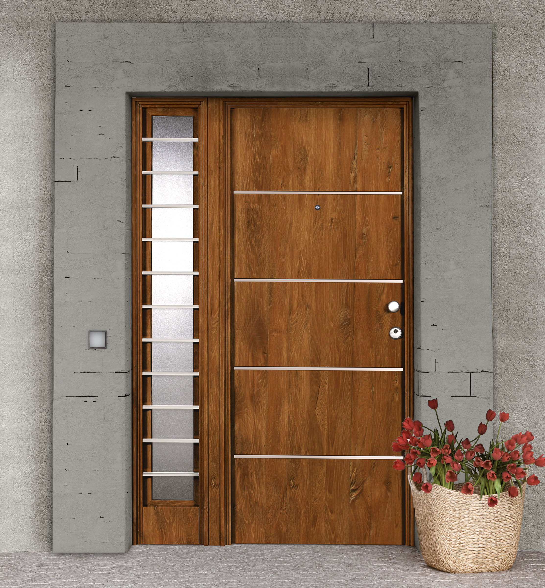 Puerta de entrada metálica Inserciones inox fresada nogal /interior liso nogal apertura izquierda 209x93cm - 11