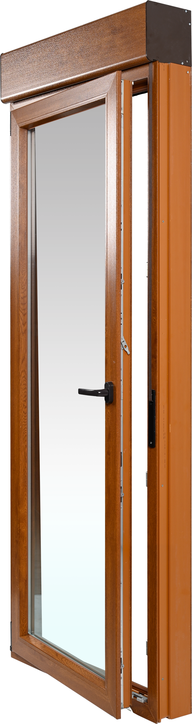 Balconera PVC 85x229cm oscilobatiente izquierda roble Isoxa doble acristalamiento transparente 4/16/4 bajo emisivo con persiana y guia mosquitera