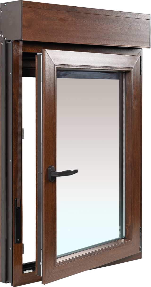 Ventana PVC 75x115cm oscilobatiente derecha nogal doble acristalamiento transparente 4/16/4 bajo emisivo con persiana