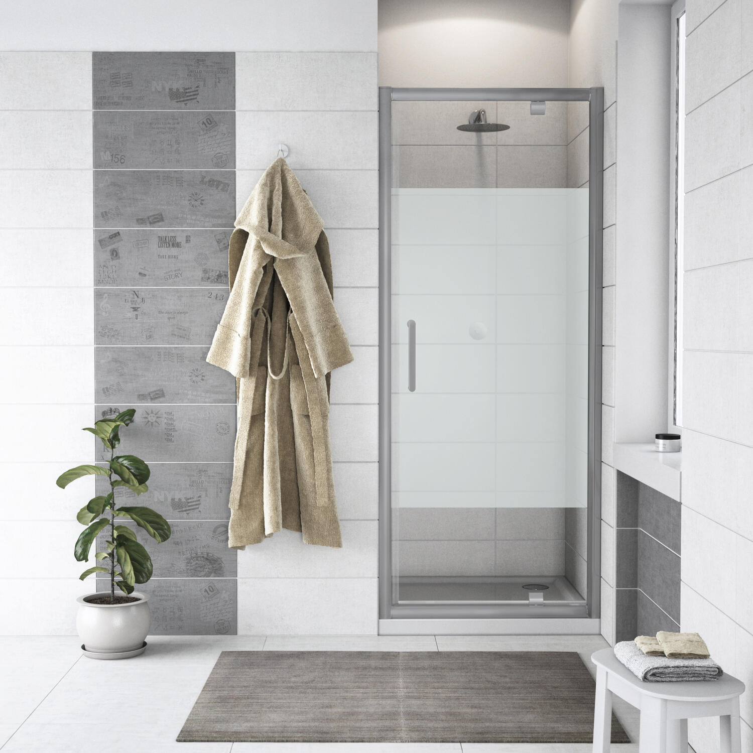 Porta doccia battente Quad L 80.5 cm x H 190 cm x SP 6 mm, profilo argento, vetro serigrafato - 2