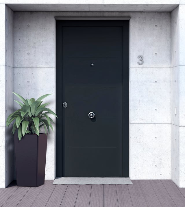 Puerta de entrada metálica Saga fresada gris 7016 derecha de 90x210 cm